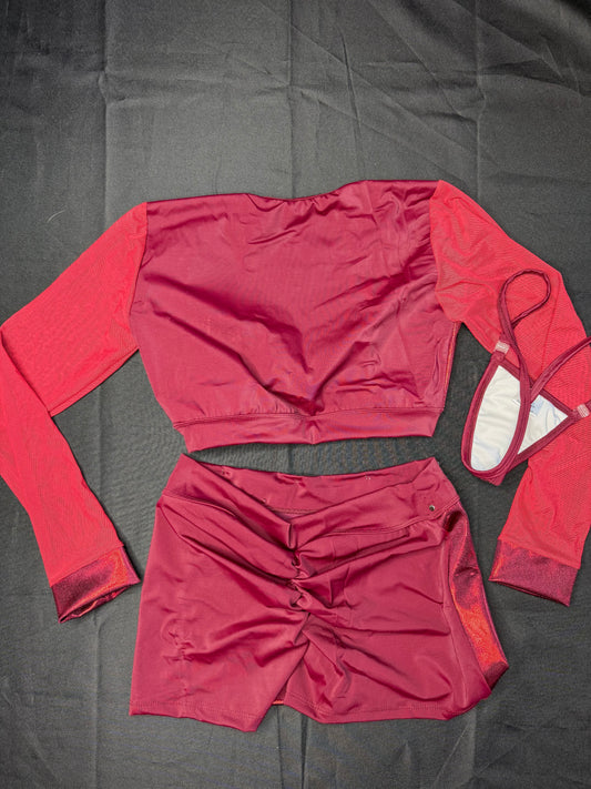 Burgundy Red Spandex/Mesh Two-Piece Lingerie Outfit