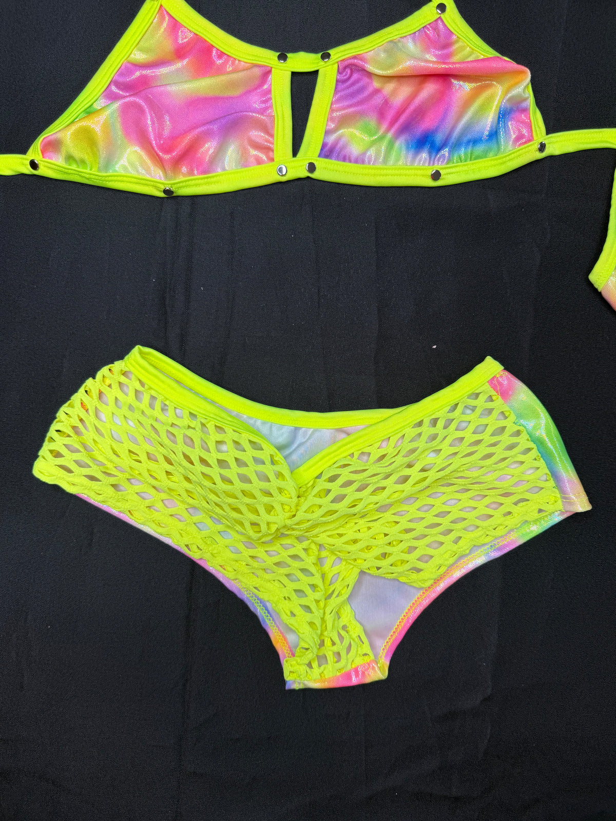 Neon Yellow/Rainbow Spandex Two-Piece Shorts Lingerie Outfit
