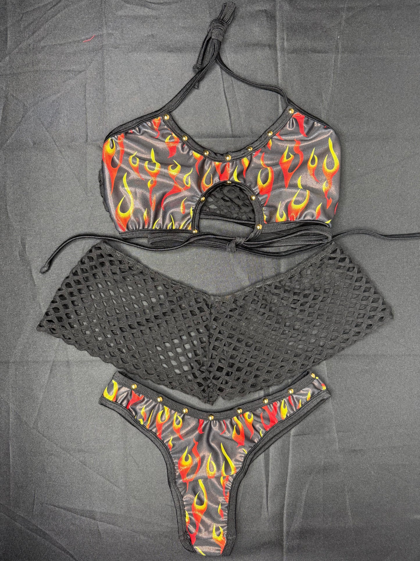 Black/Red Flame Spandex Sports Bra/Cheeky Thong/Shorts Three-Piece Lingerie Outfit