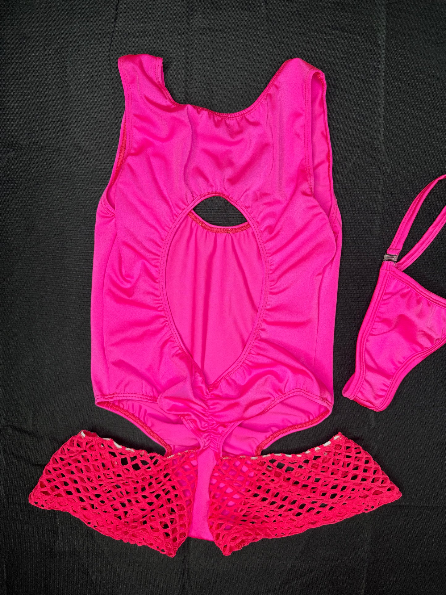 Hot Pink Spandex/Fishnet One-Piece Romper Lingerie Outfit