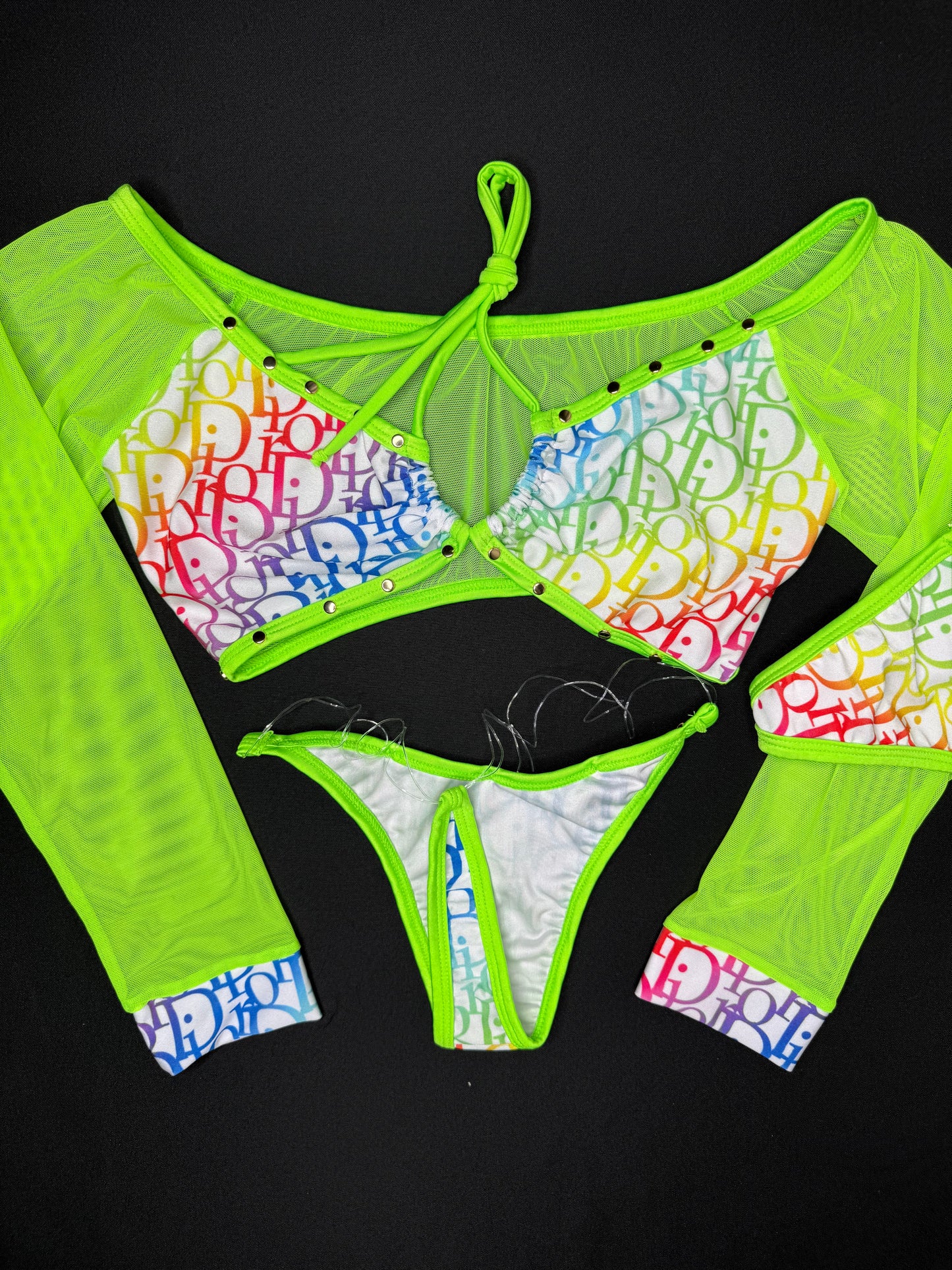 Neon Yellow Mesh/Rainbow Designer Long Sleeve Top/Bikini Bottoms Two-Piece Lingerie Outfit