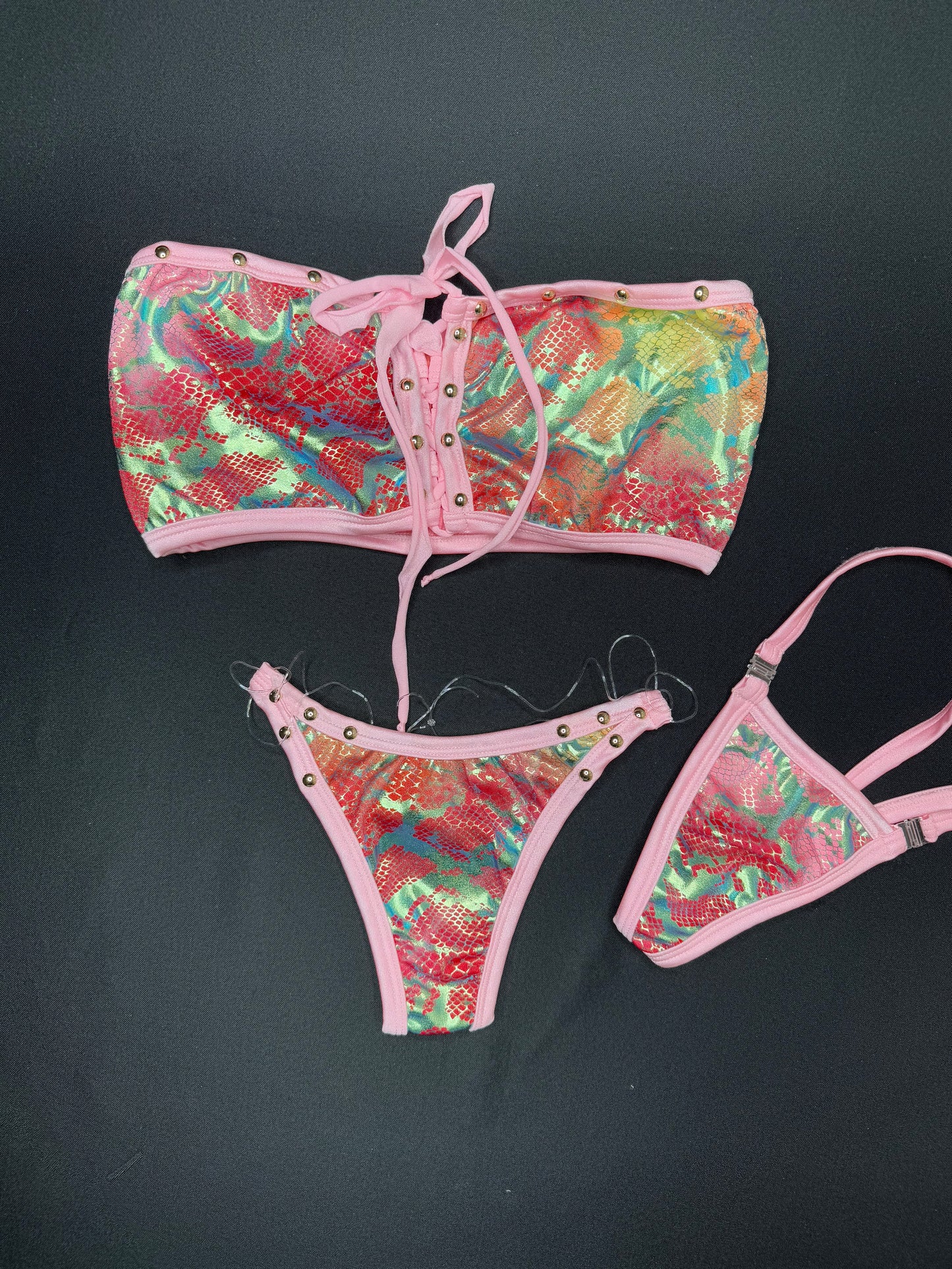 Snake Skin/Baby Pink Two-Piece Tube Top Bikini Lingerie Outfit