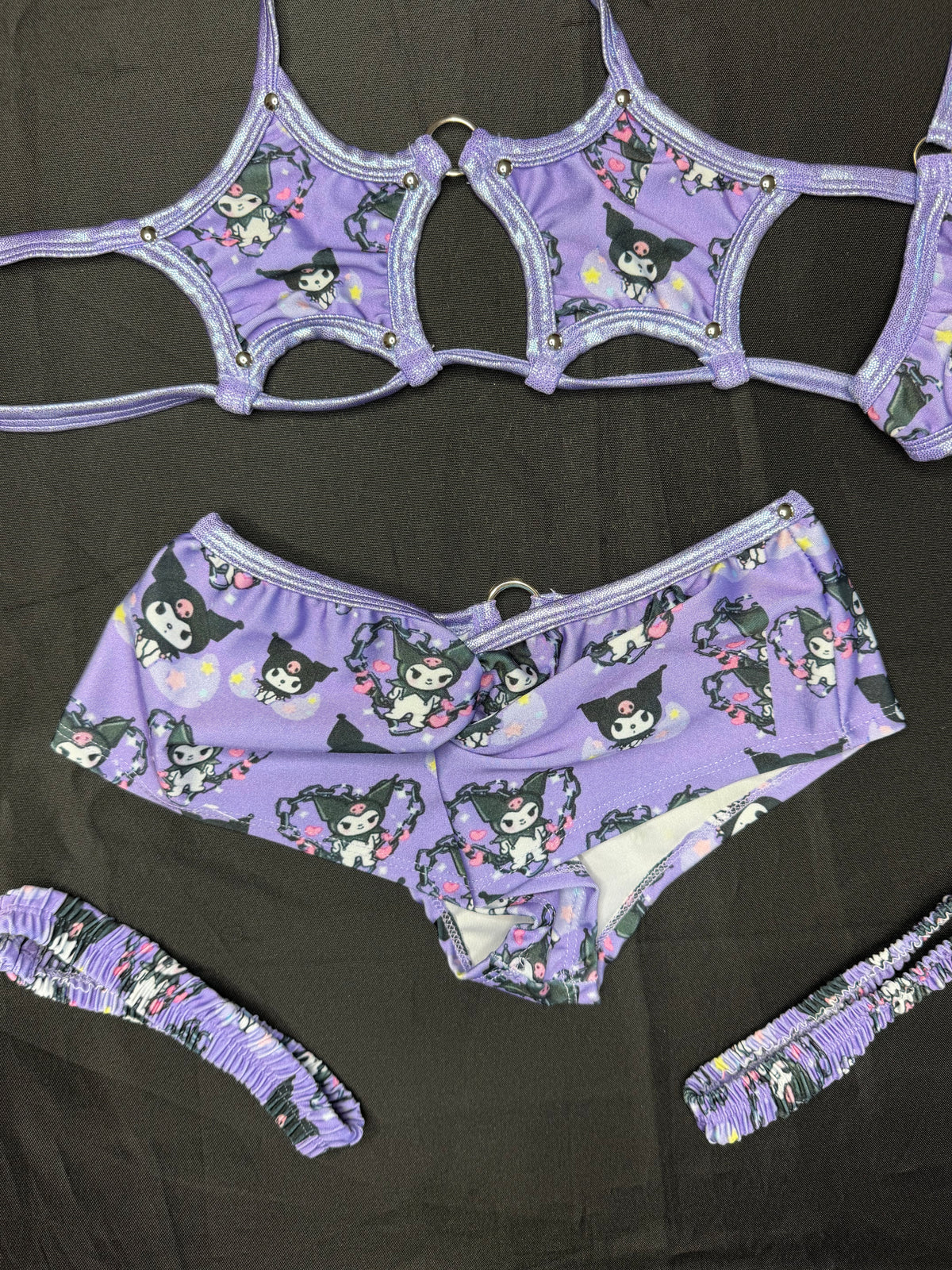 Metallic Lavender/Lavender Kuromi Spandex Star-Top Shorts Garters Lingerie Outfit