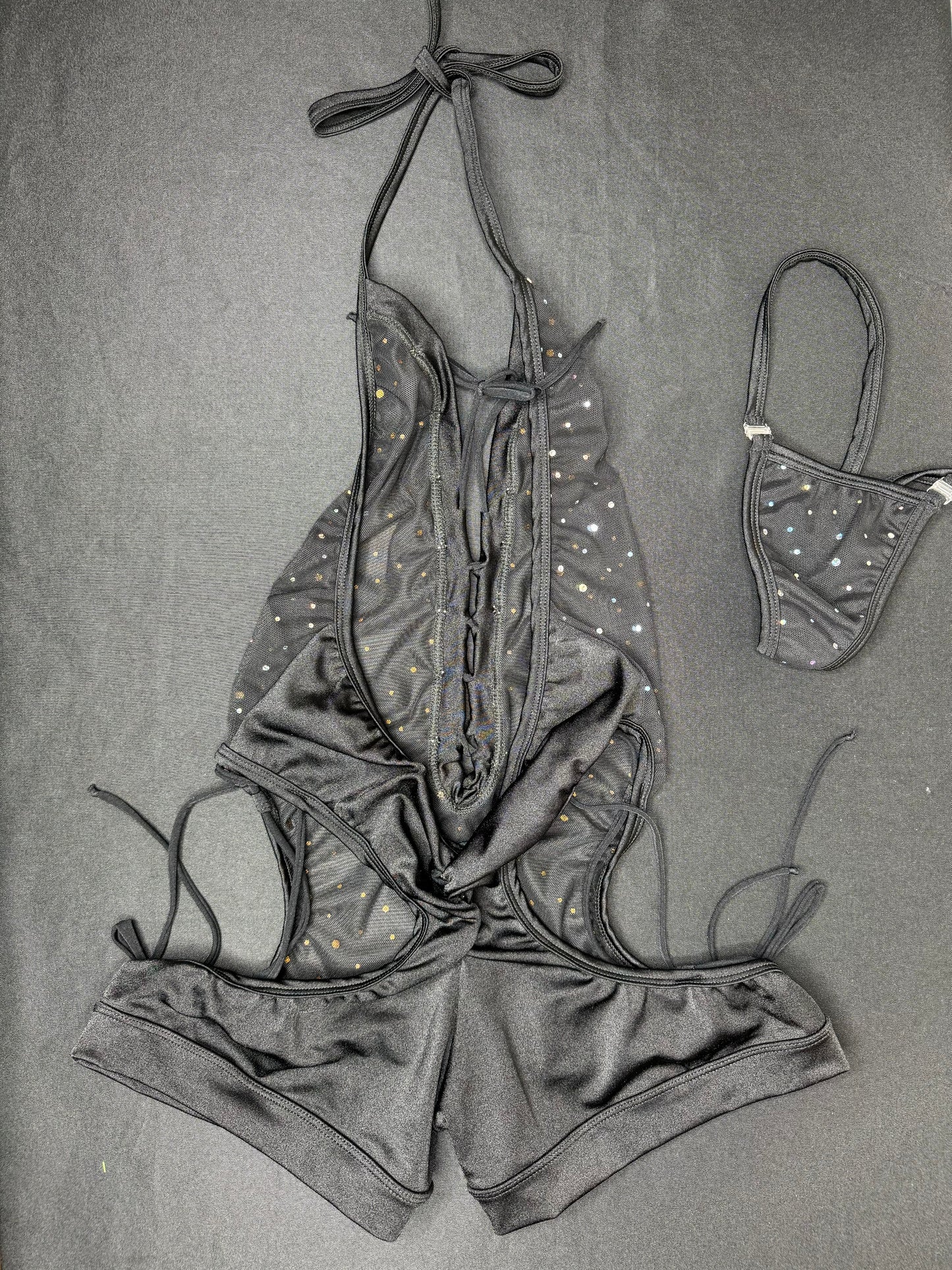 Black Sparkle Mesh One-Piece Lingerie Outfit