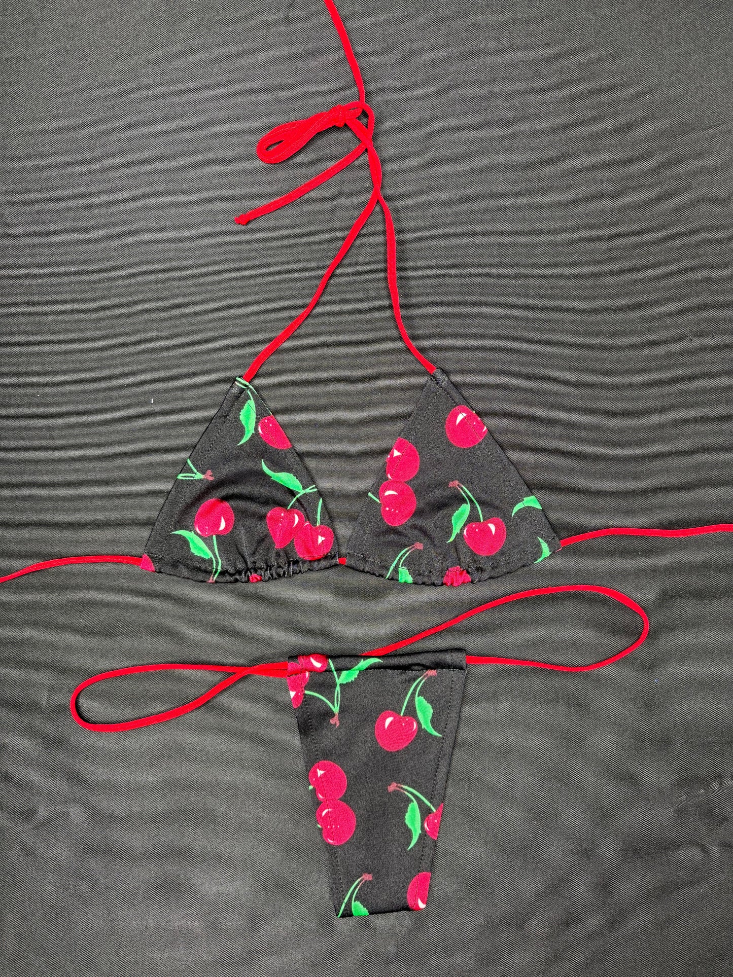 Black/Red Cherry Print Two-Piece Micro Bikini Lingerie Outfit
