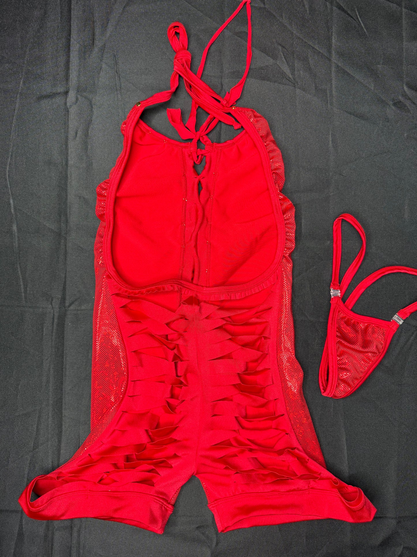 Metallic Red Spandex Ripped Back One-Piece Lingerie Outfit
