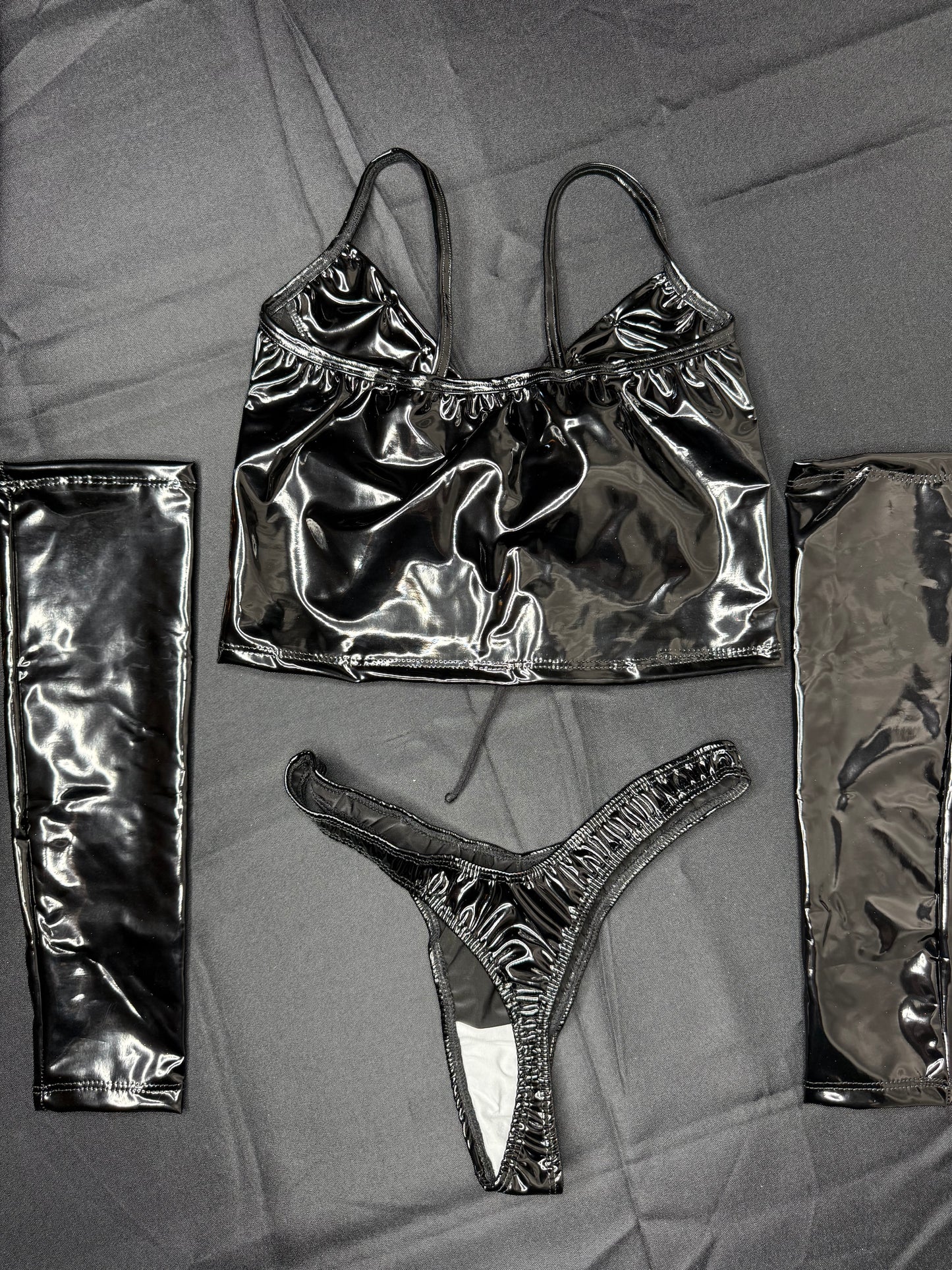 Black Latex Three-Piece Lingerie Outfit