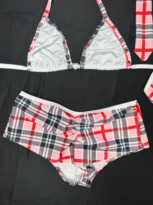 Light Pink/Red Spandex/White Lace Two-Piece Shorts with Tie School Girl Lingerie Outfit