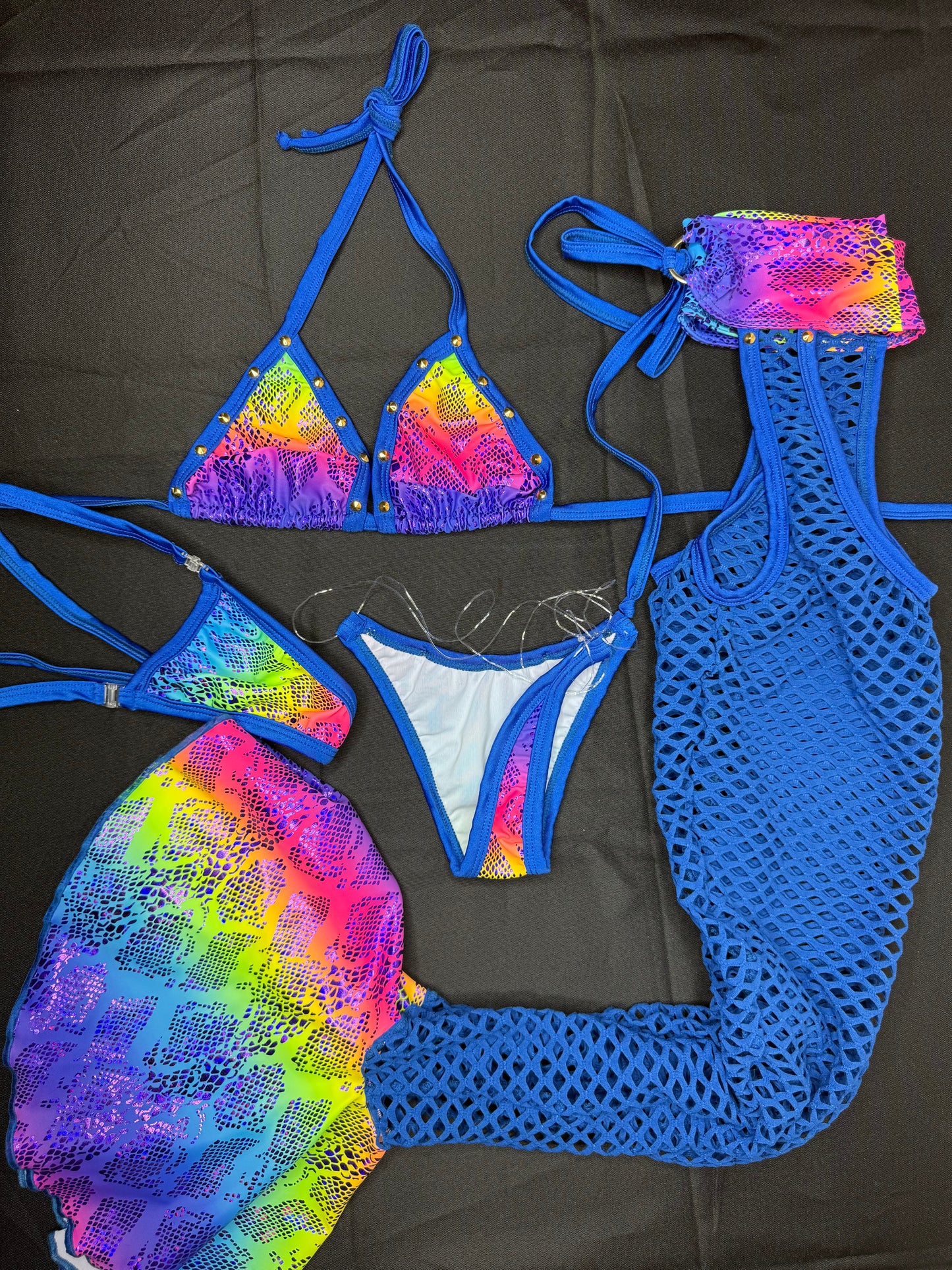 Royal Blue/Rainbow Animal Print Spandex Bikini Top/Chaps Leg Lingerie Outfit