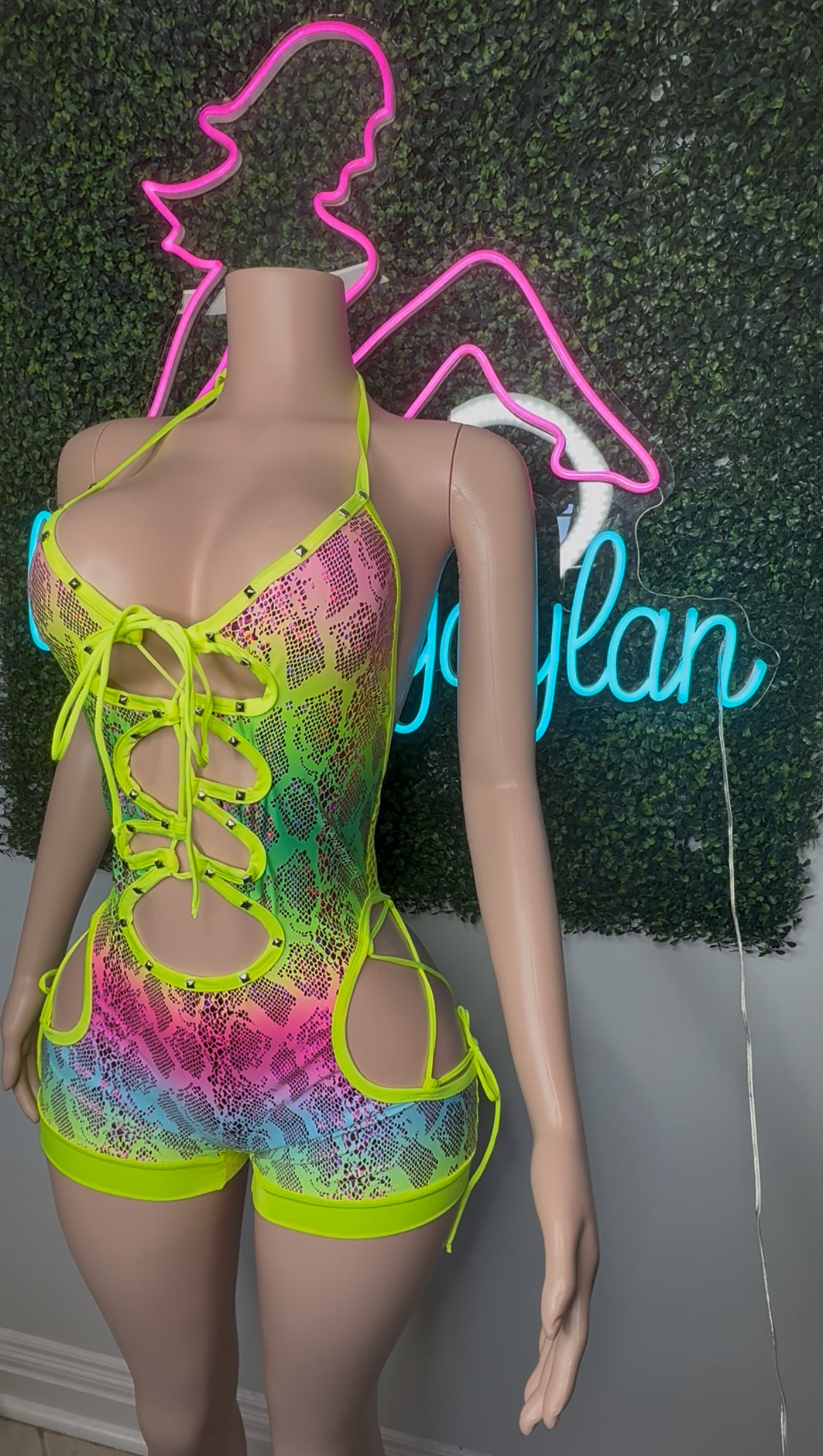 Neon Yellow Fishnet Animal Print Spandex Romper Lingerie Outfit