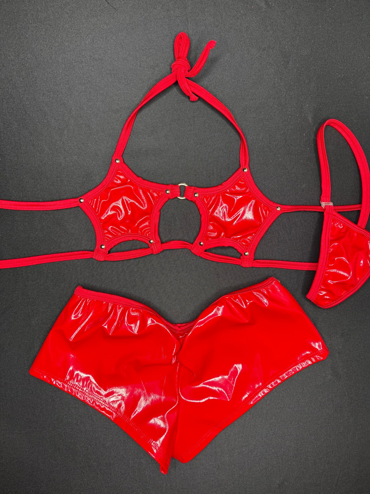 Red Latex Star Top/Zipper Shorts Two-Piece Lingerie Outfit