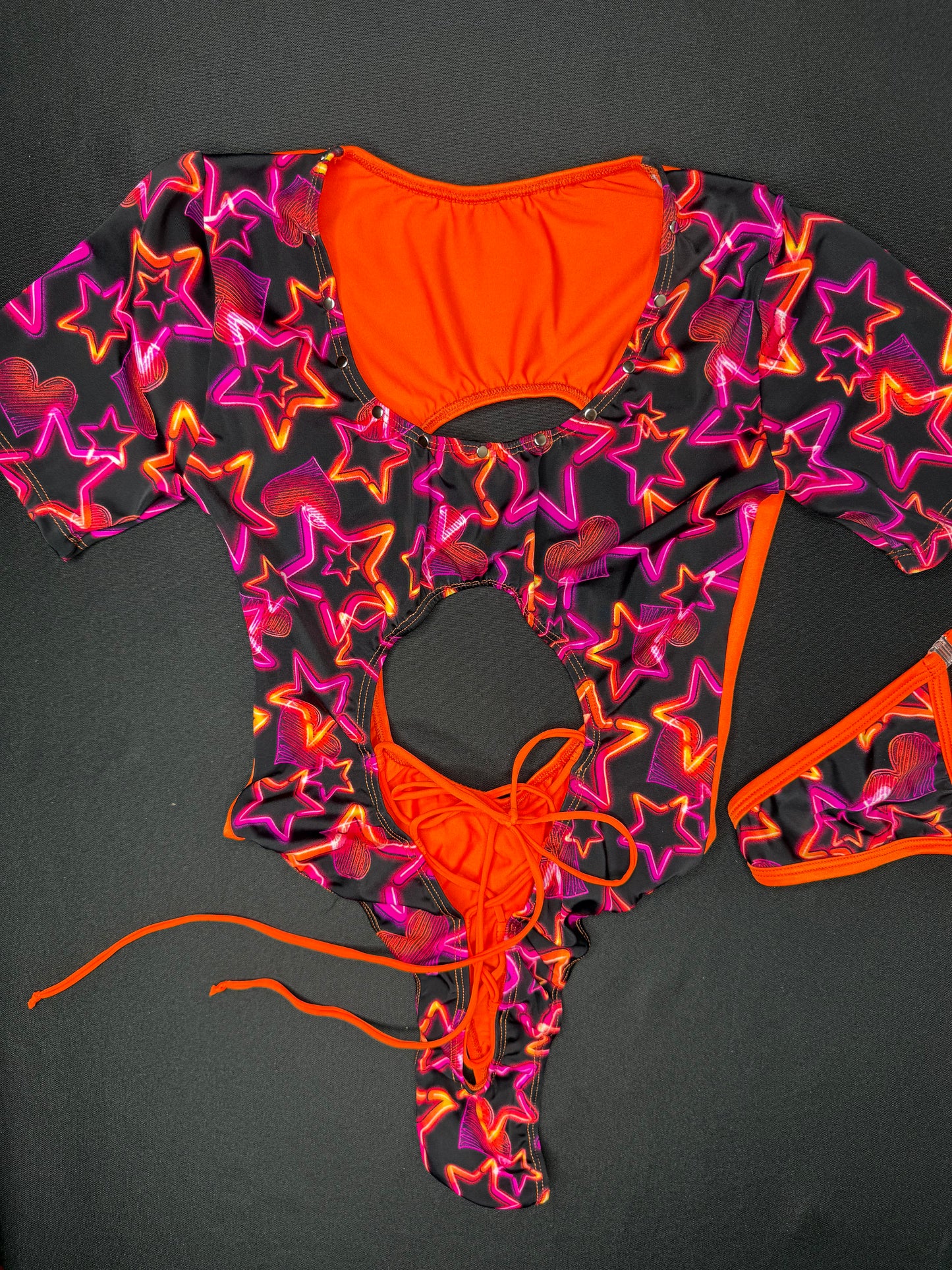 Star Print/Orange Spandex One-Piece Short Sleeve Leotard Outfit