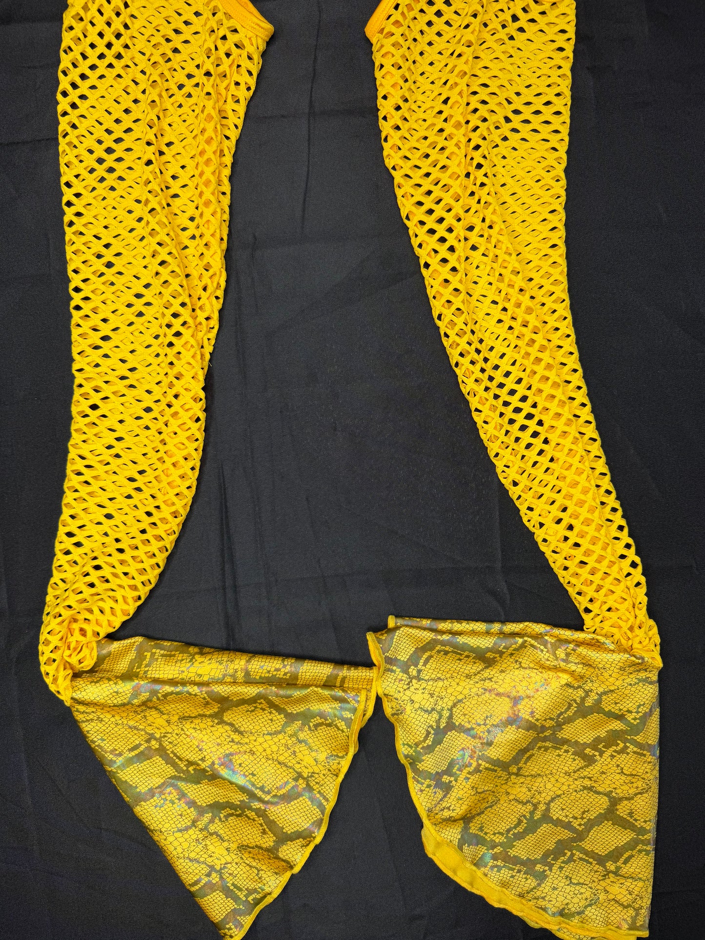 Yellow Animal Print/Daffodil Yellow Fishnet Spandex Chaps Leg Outfit/Bikini Lingerie Outfit