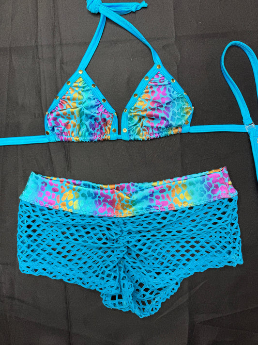 Turquoise/Animal Print Spandex Bikini Top/Shorts Two-Piece Lingerie Outfit