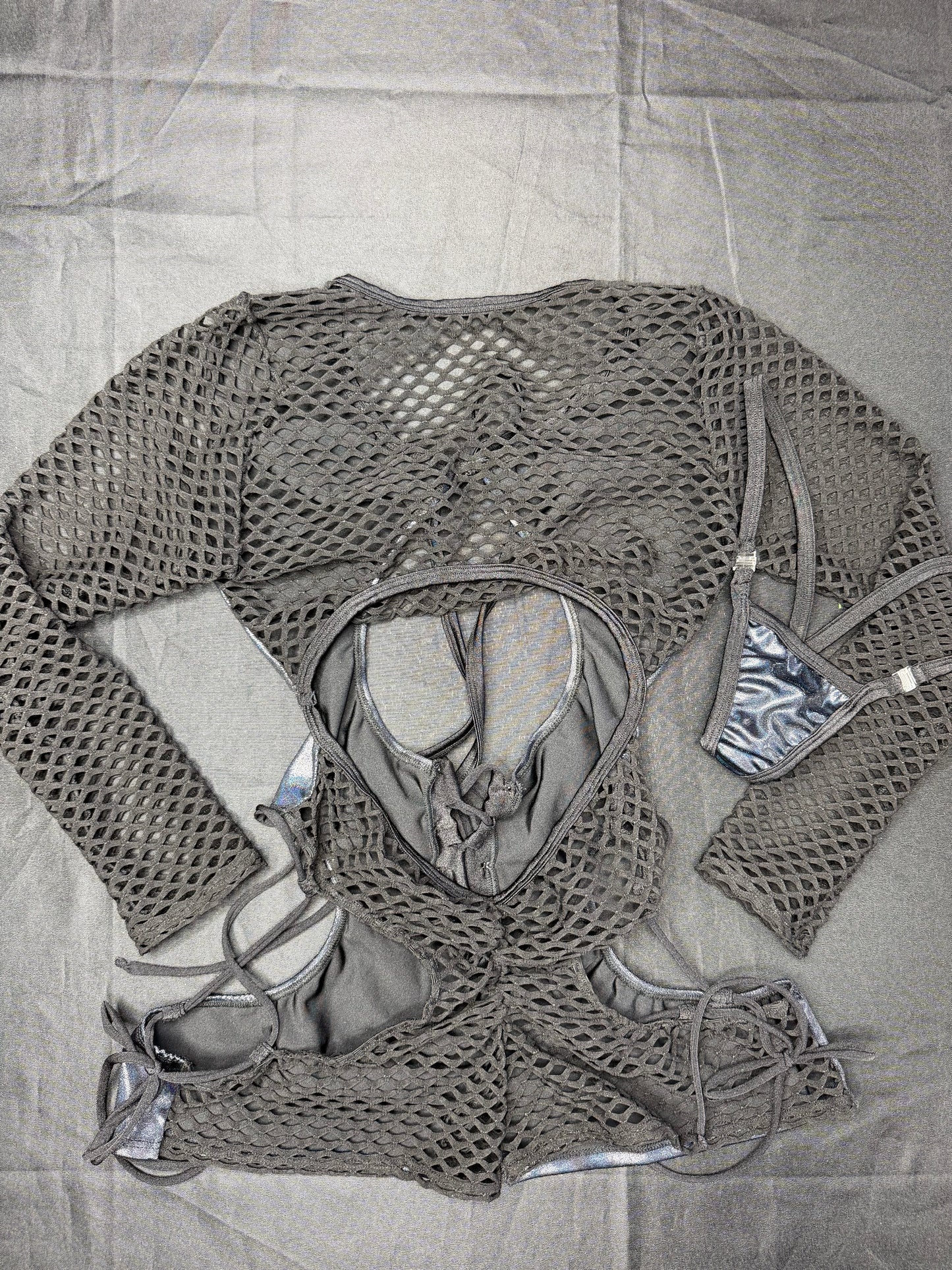 Metallic Black/Black Spandex Romper Lingerie Outfit