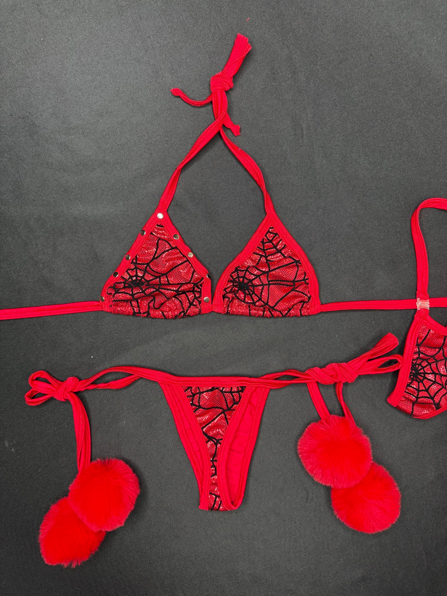 Red/Black Web Print Red Fur Two-Piece Side-Tie Bikini Lingerie Outfit