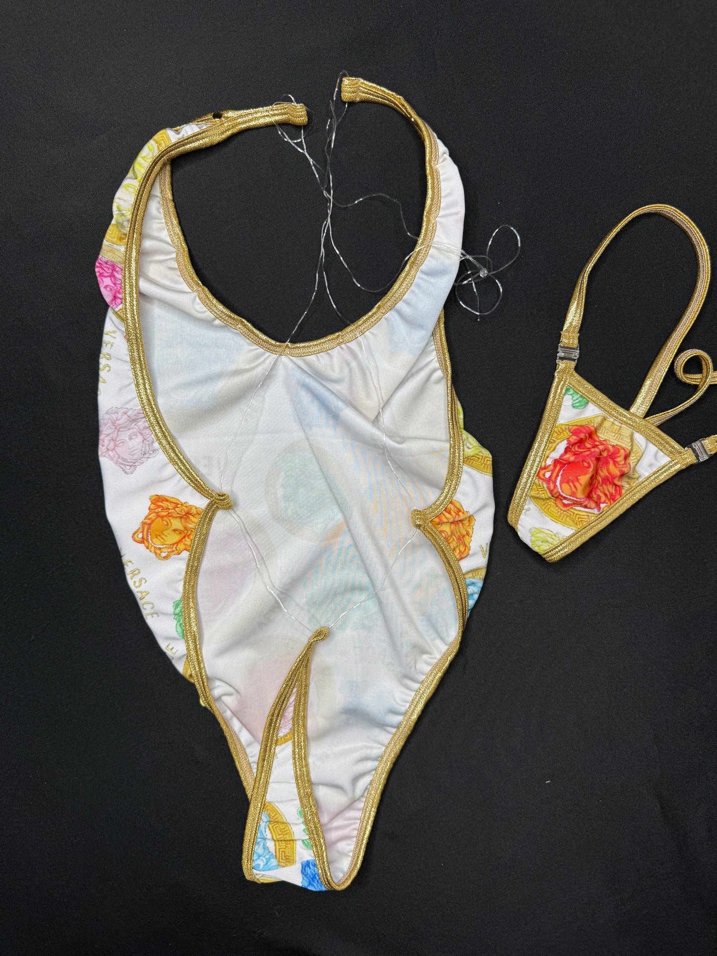 Gold/White Designer One-Piece Silicone Back Lingerie Outfit