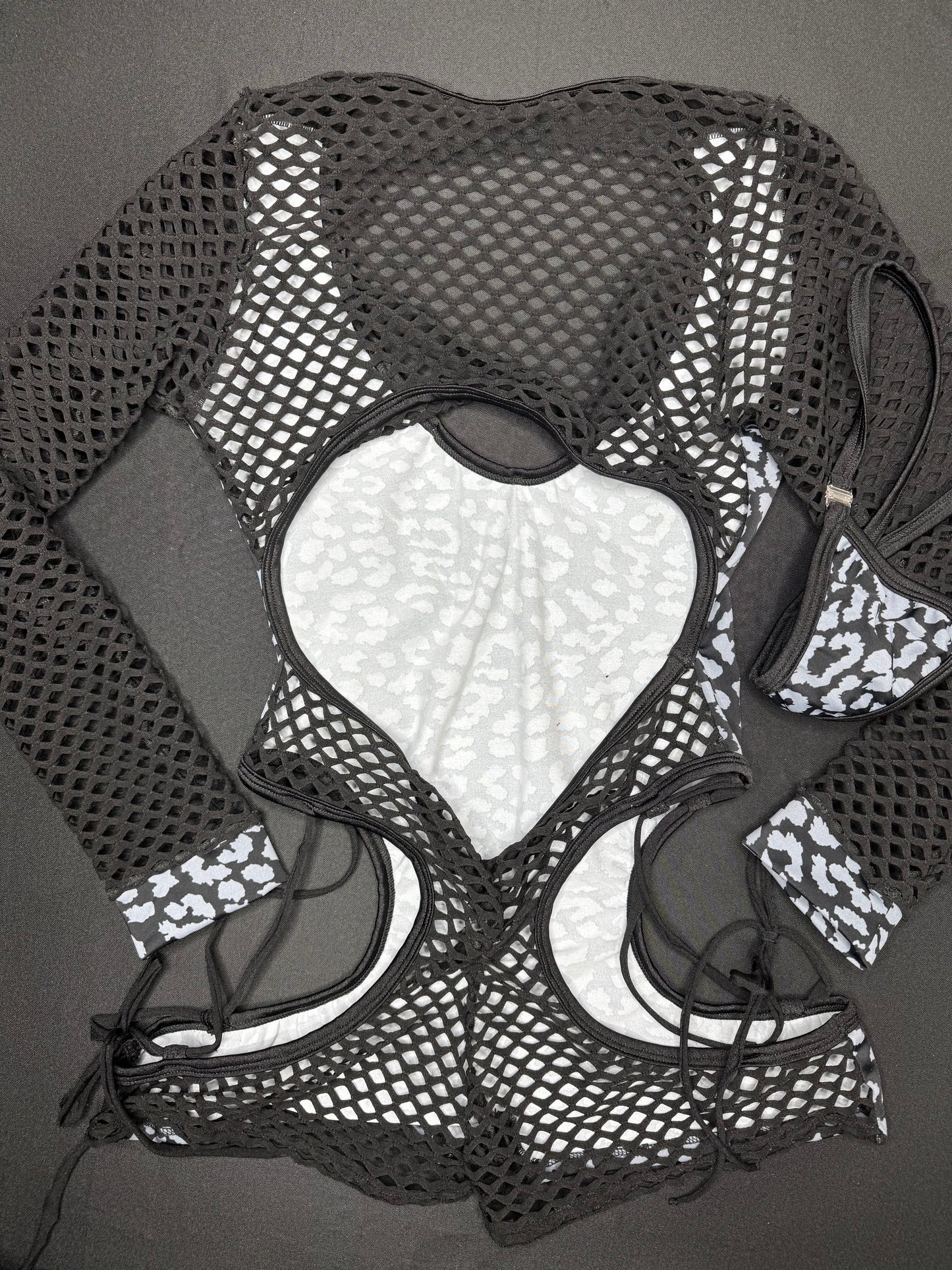 Black/Grey Spandex One-Piece Cheetah Print Lingerie Outfit