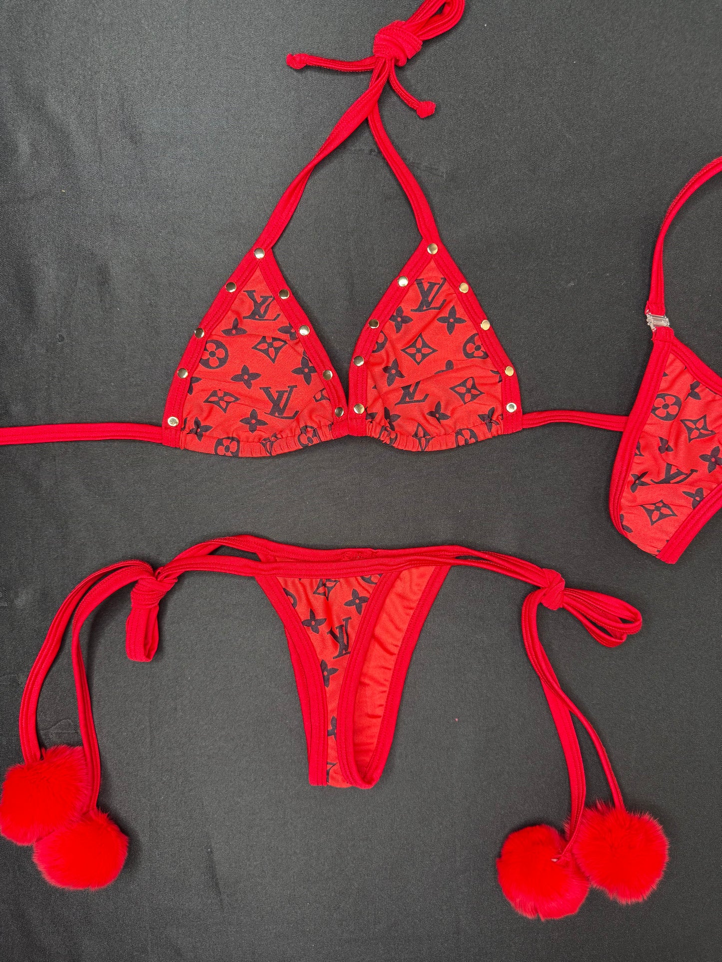 Red/Black Spandex Fur Two-Piece Bikini Lingerie Outfit