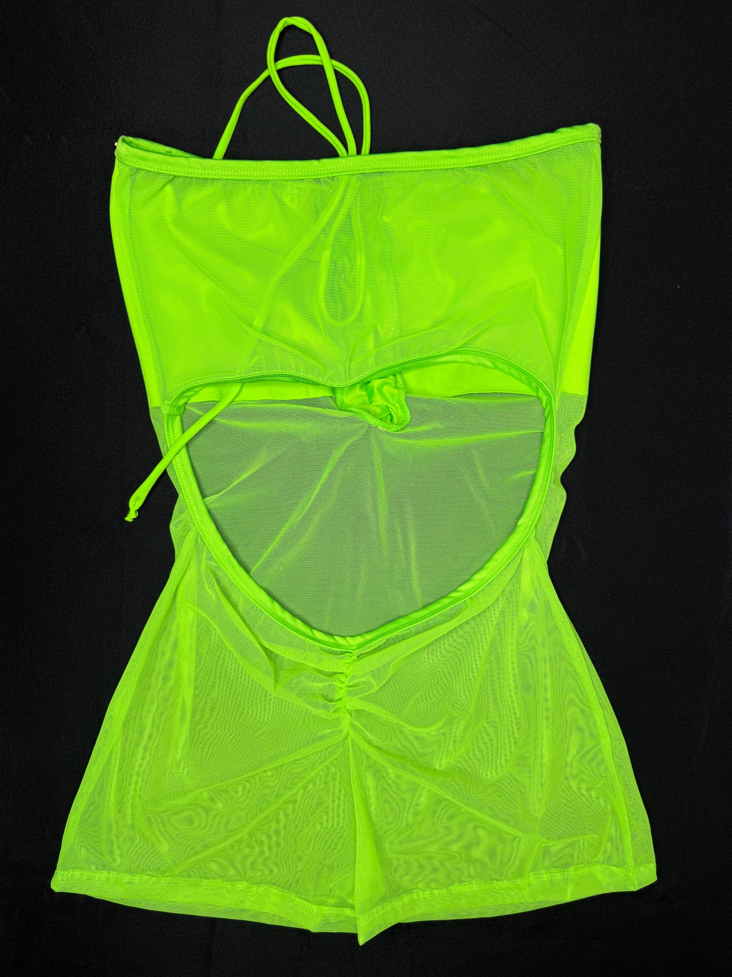 Neon Green Mesh Three-Piece Cheeky Thong/Sleeves Lingerie Outfit