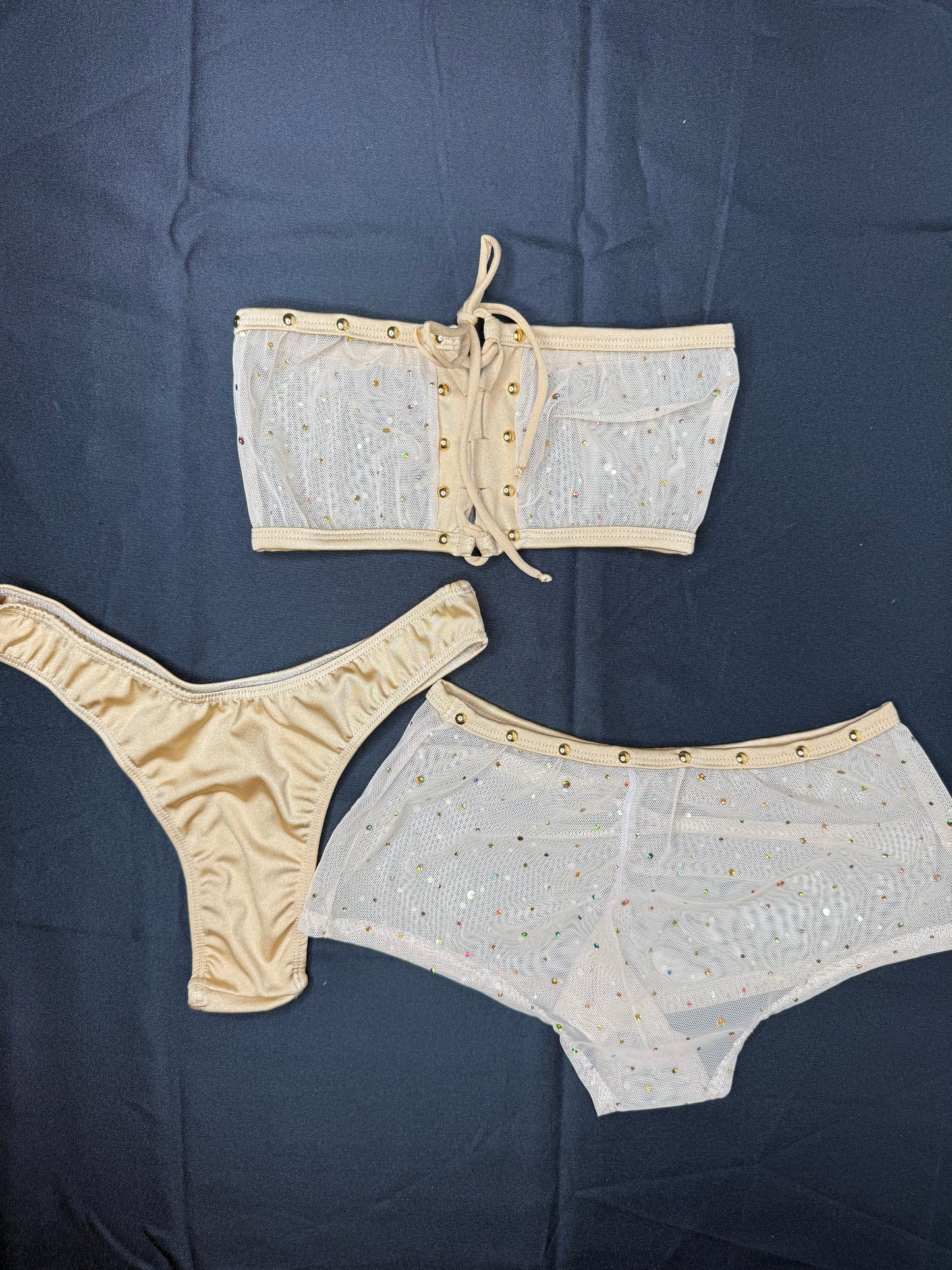 Gold Mesh Tube Top/Shorts Cheeky Thong Three Piece Lingerie Outfit