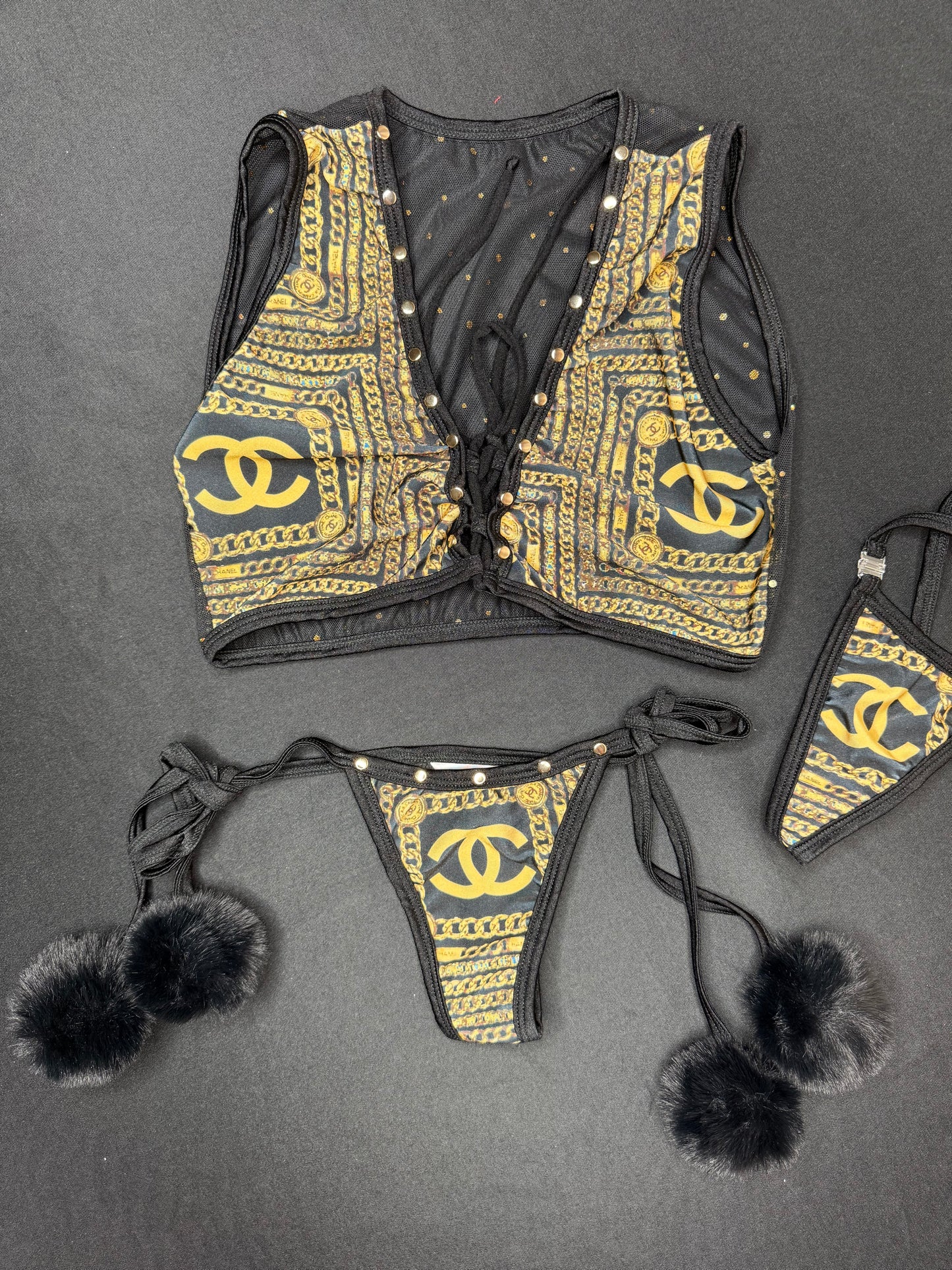 Black/Gold Chain Spandex Black Fur Sleeveless Mesh Top/Side-Tie Bikini Bottoms Lingerie Outfit