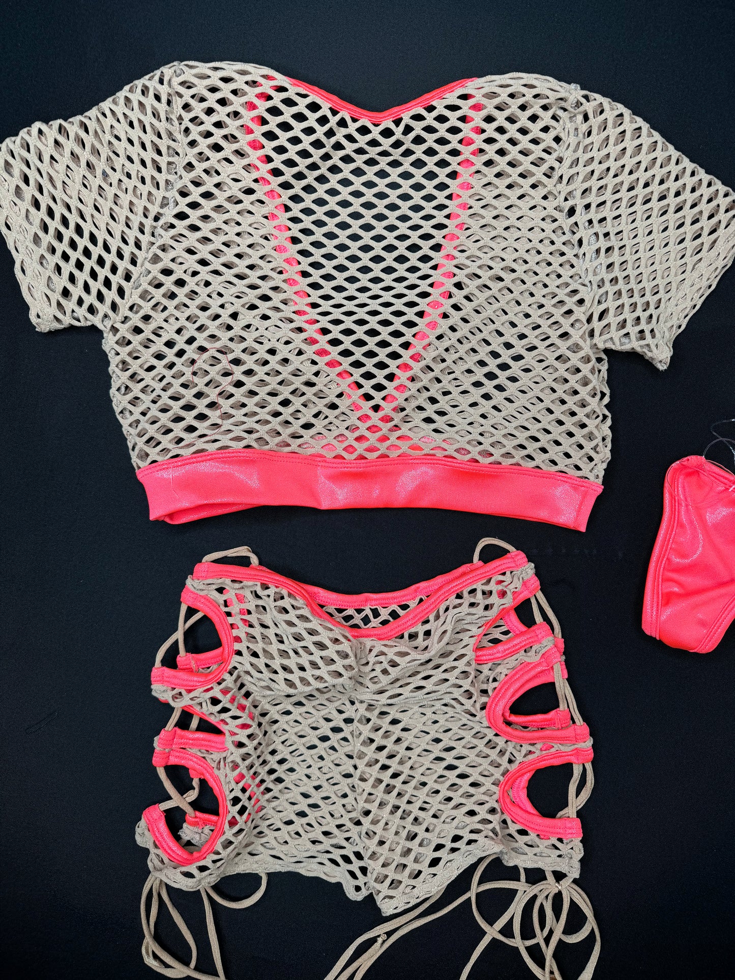 Coral Microdot/Beigh Fishnet Two-Piece Lingerie Outfit