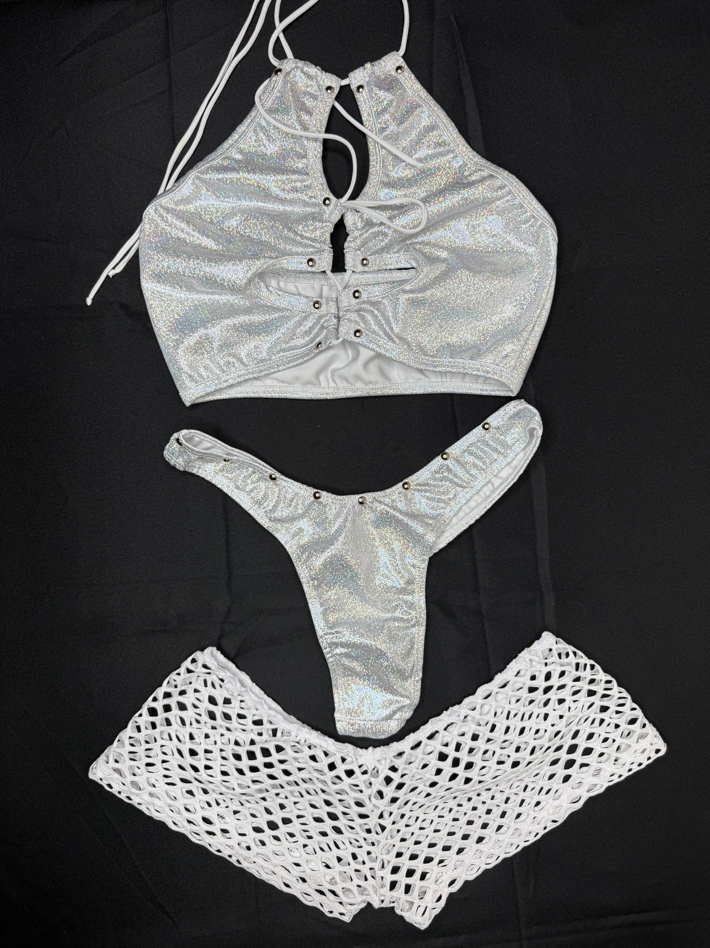 Metallic Silver Spandex Three Piece Lingerie Outfit