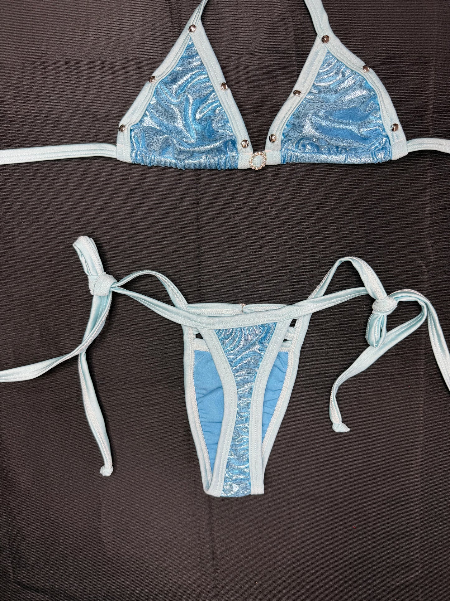 Metallic Baby Blue/Baby Blue Spandex Two-Piece Bikini Garters Lingerie Outfit