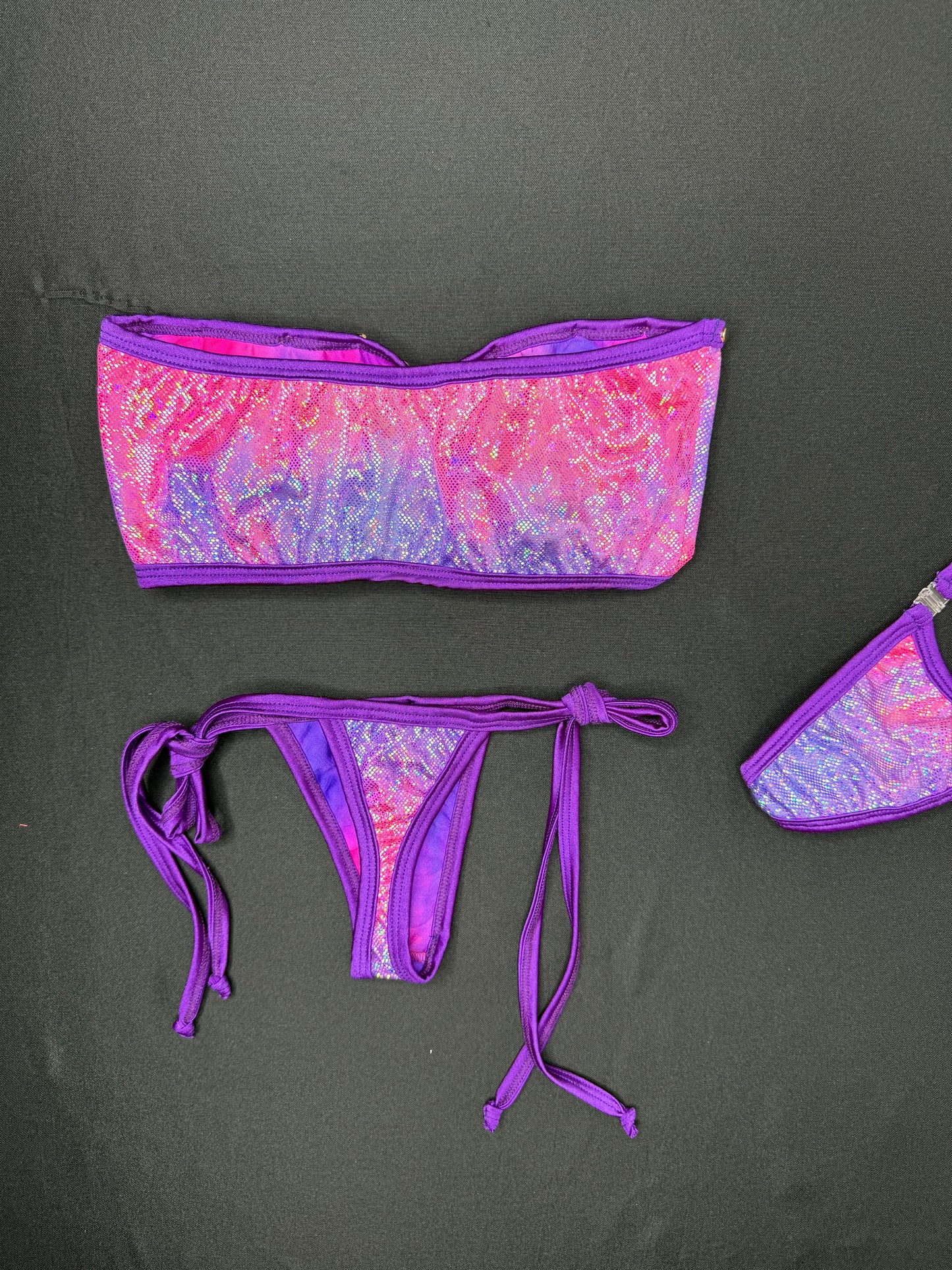 Metallic Purple/Pink Tube Top/Side-Tie Bikini Bottoms Two-Piece Lingerie Outfit