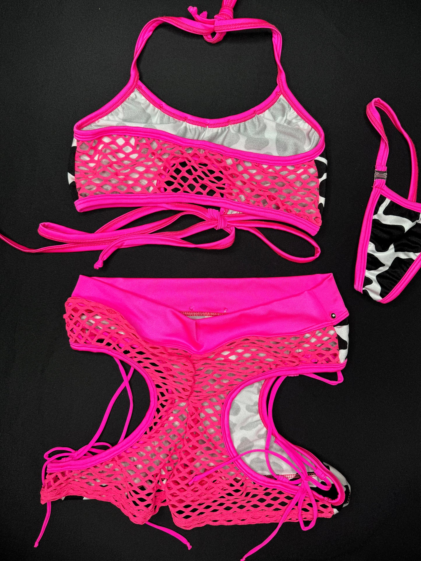 Cow Print/Hot Pink Fishnet Two-Piece Shorts/Sports Bra Lingerie Outfit
