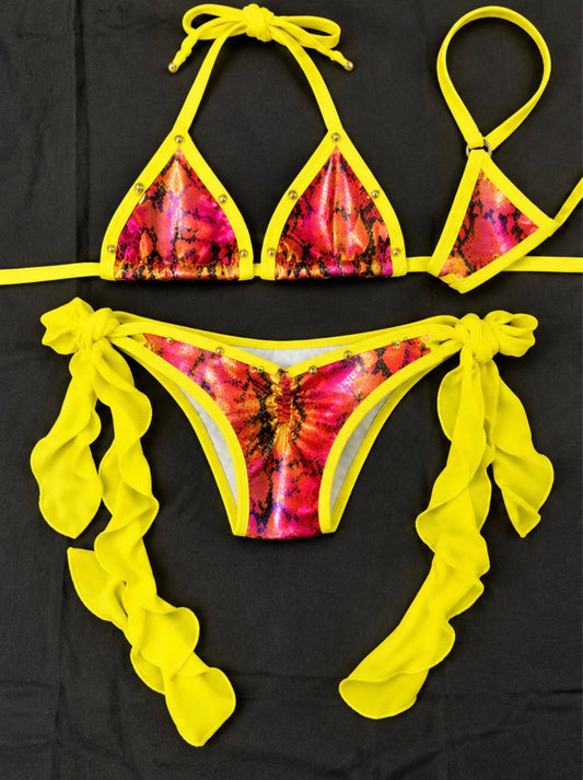 Yellow/Snake Skin Two-Piece Bikini Lingerie Outfit