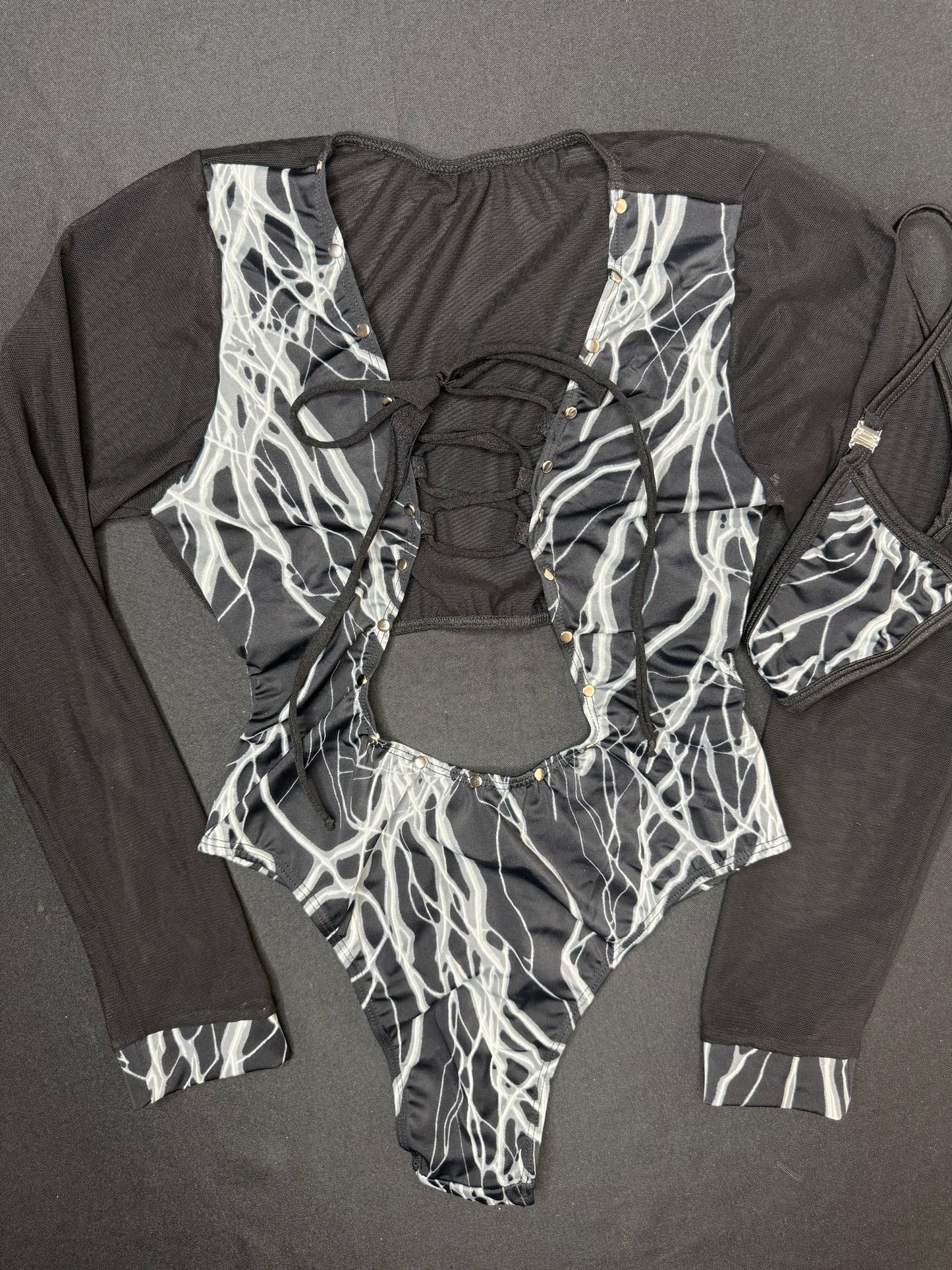 Grey Thunder Print Spandex Leotard One-Piece Lingerie Outfit