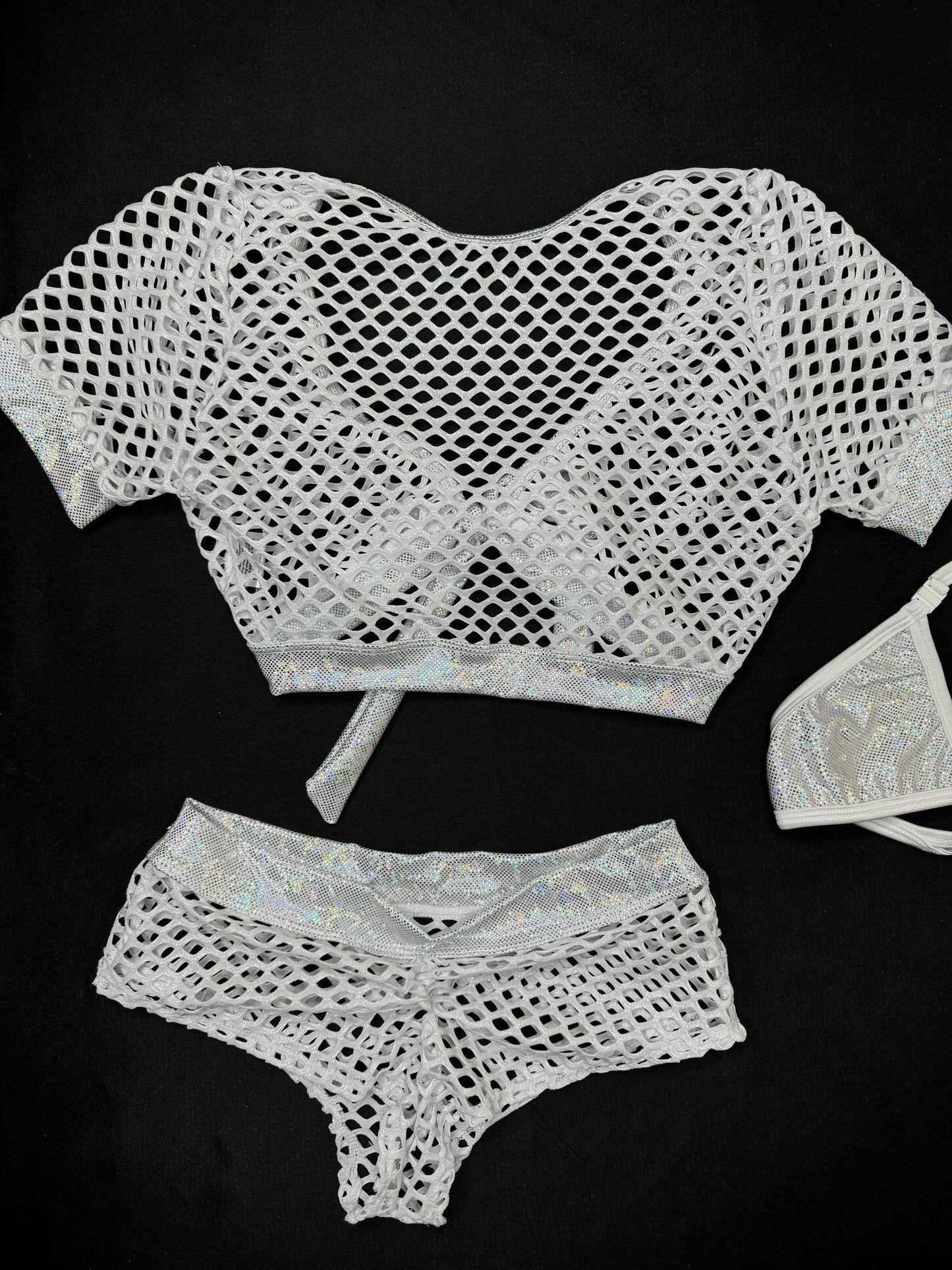 Metallic Silver/White Fishnet Two-Piece Lingerie Outfit