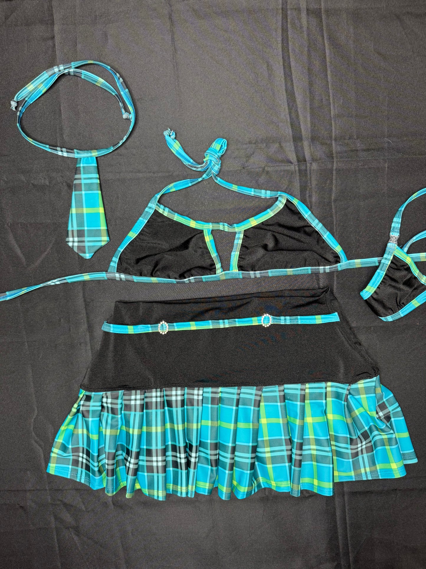 Teal/Black Plaid Spandex Bikini Top Skirt with Tie Lingerie Outfit