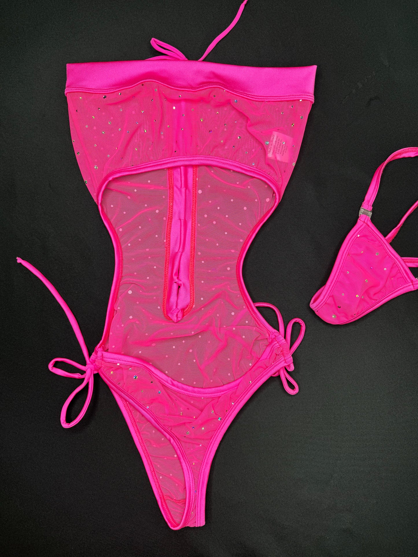 Hot Pink Sparkle Mesh One-Piece Lingerie Outfit
