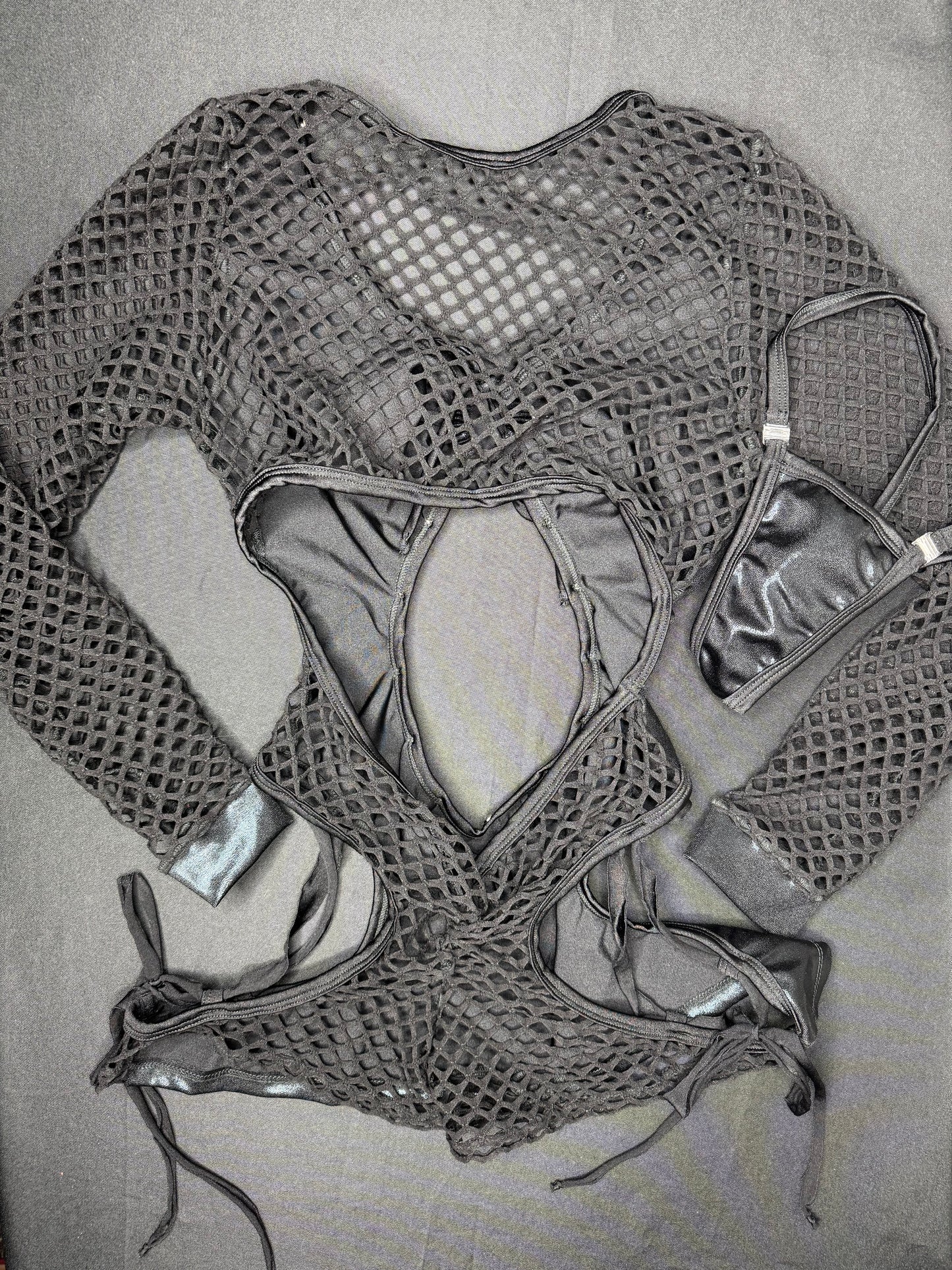 Black Microdot Spandex/Fishnet Romper One-Piece Lingerie Outfit