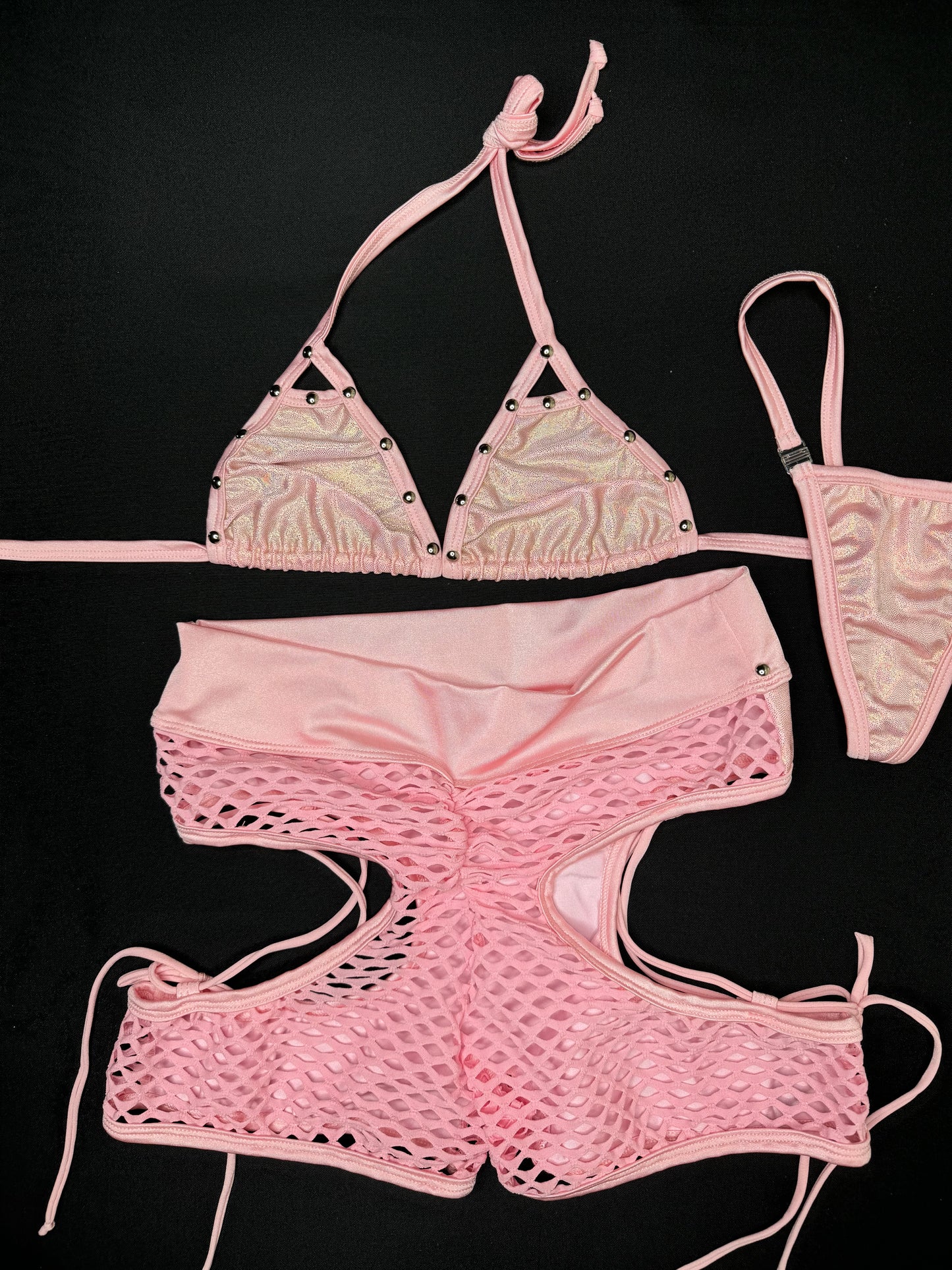 Metallic Pink/Pink Bikini Top/Shorts Two-Piece Lingerie Outfit