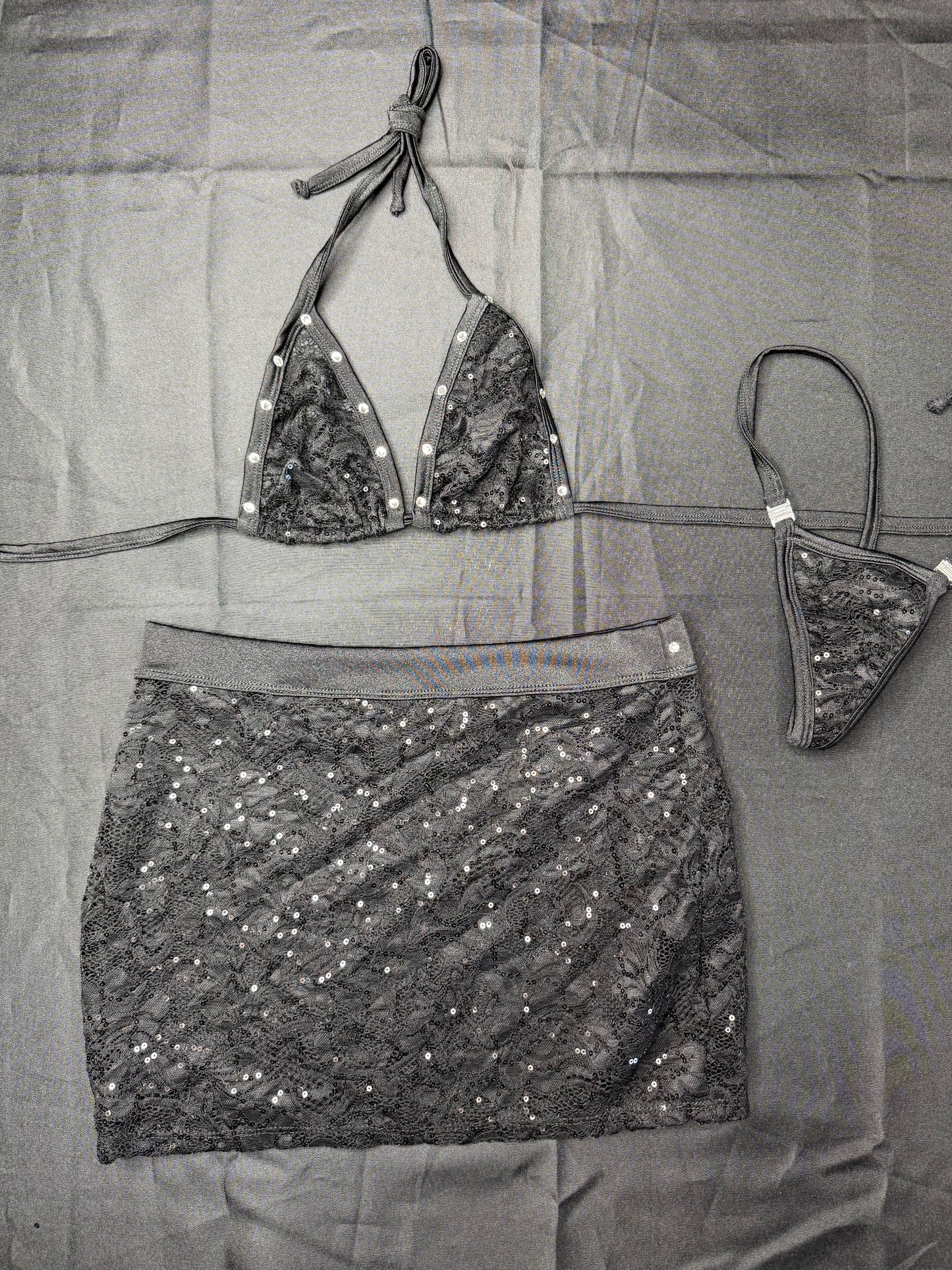 Black Sequence Lace/Spandex Two-Piece Skirt Lingerie Outfit