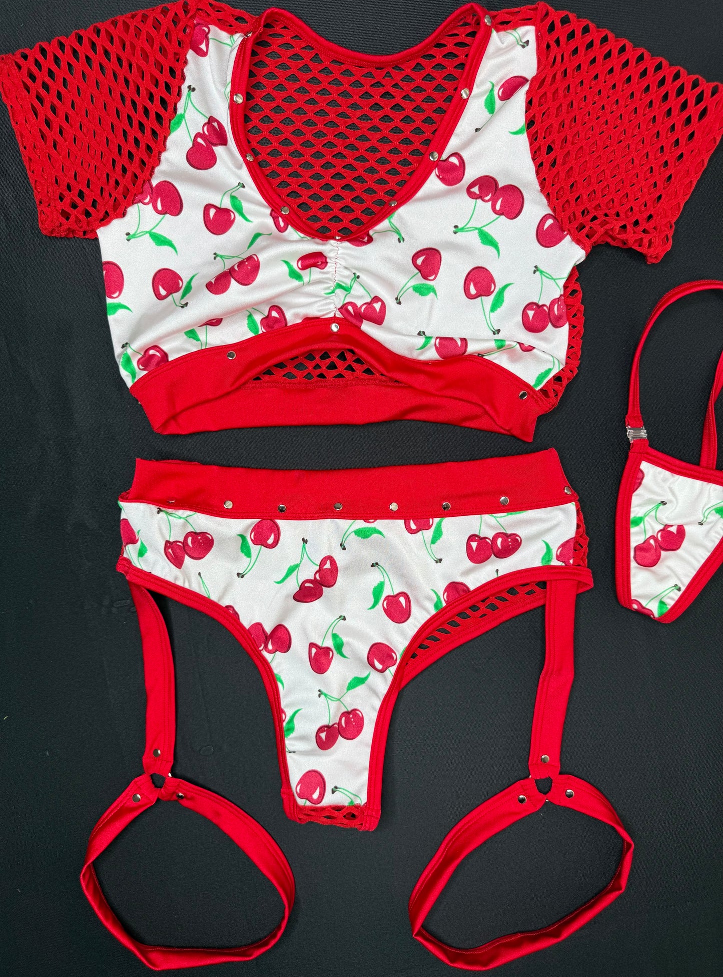 White Cherries/Red Spandex/Fishnet Two-Piece Short Sleeve Top/Garter Shorts Lingerie Outfit