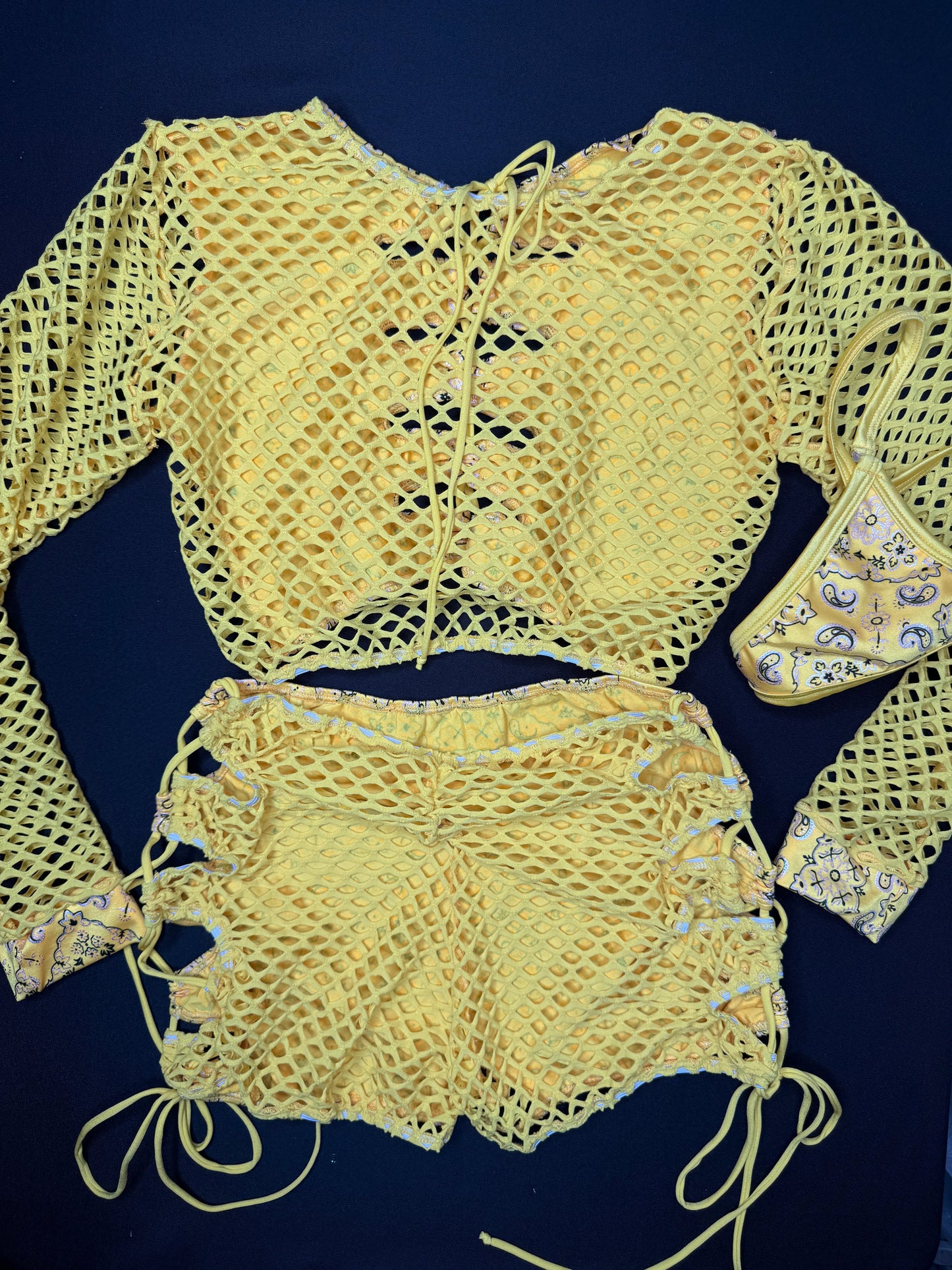 Yellow Bandana/Fishnet Spandex Long Sleeve Top/Shorts Two-Piece Lingerie Outfit