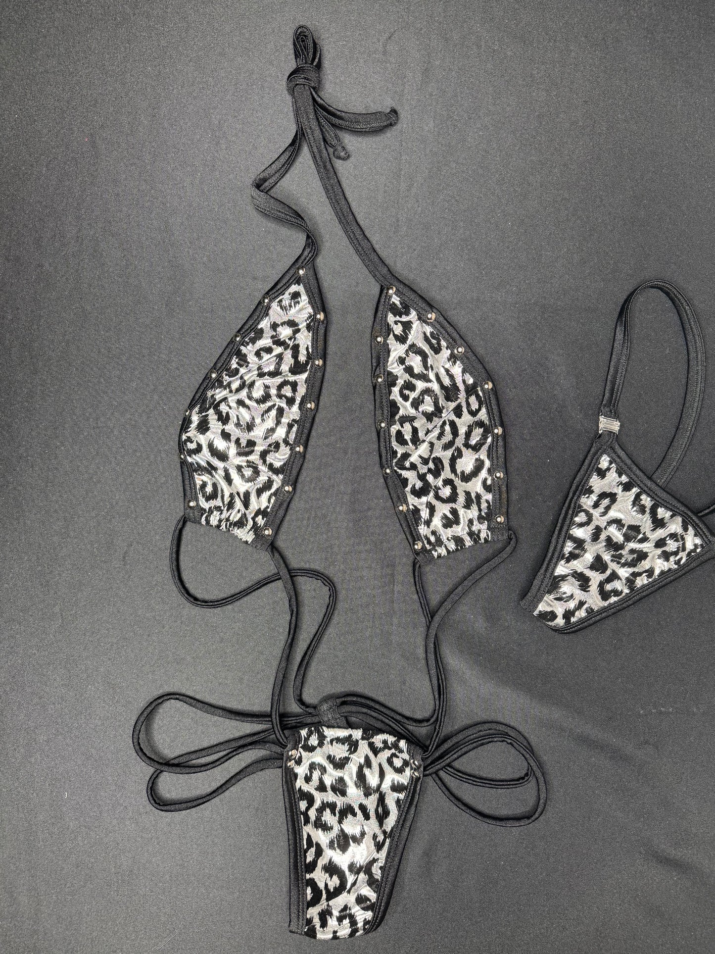 Silver/Black Cheetah Animal Print One-Piece Sling-Shot Lingerie Outfit