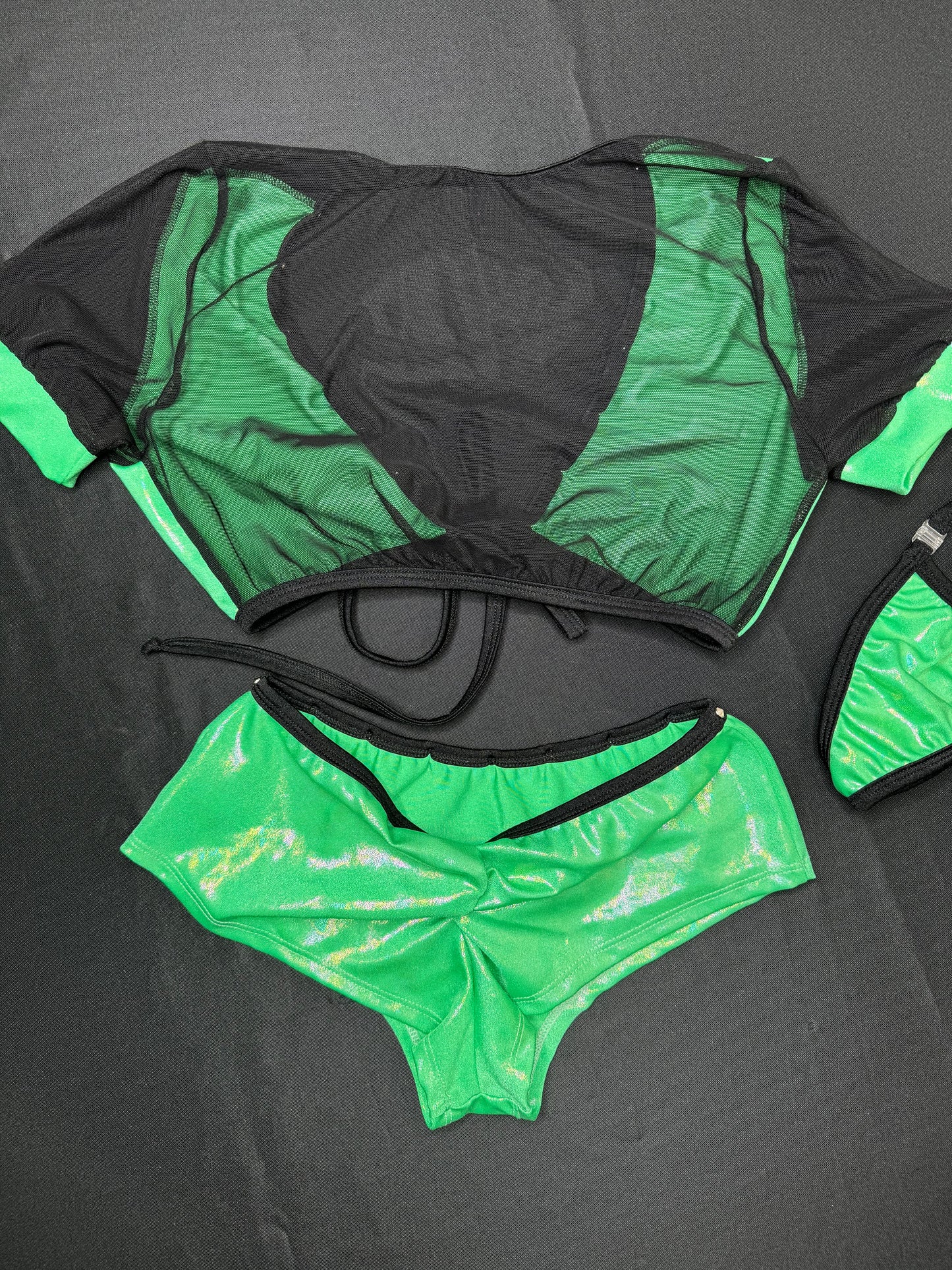Mystic Green Spandex/Black Mesh Two-Piece Shorts Lingerie Outfit