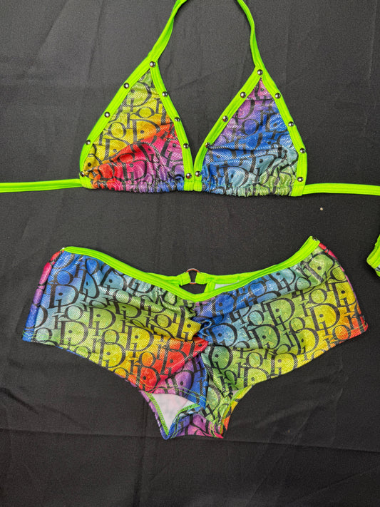 Designer Rainbow Spandex Two-Piece Shorts Lingerie Outfit