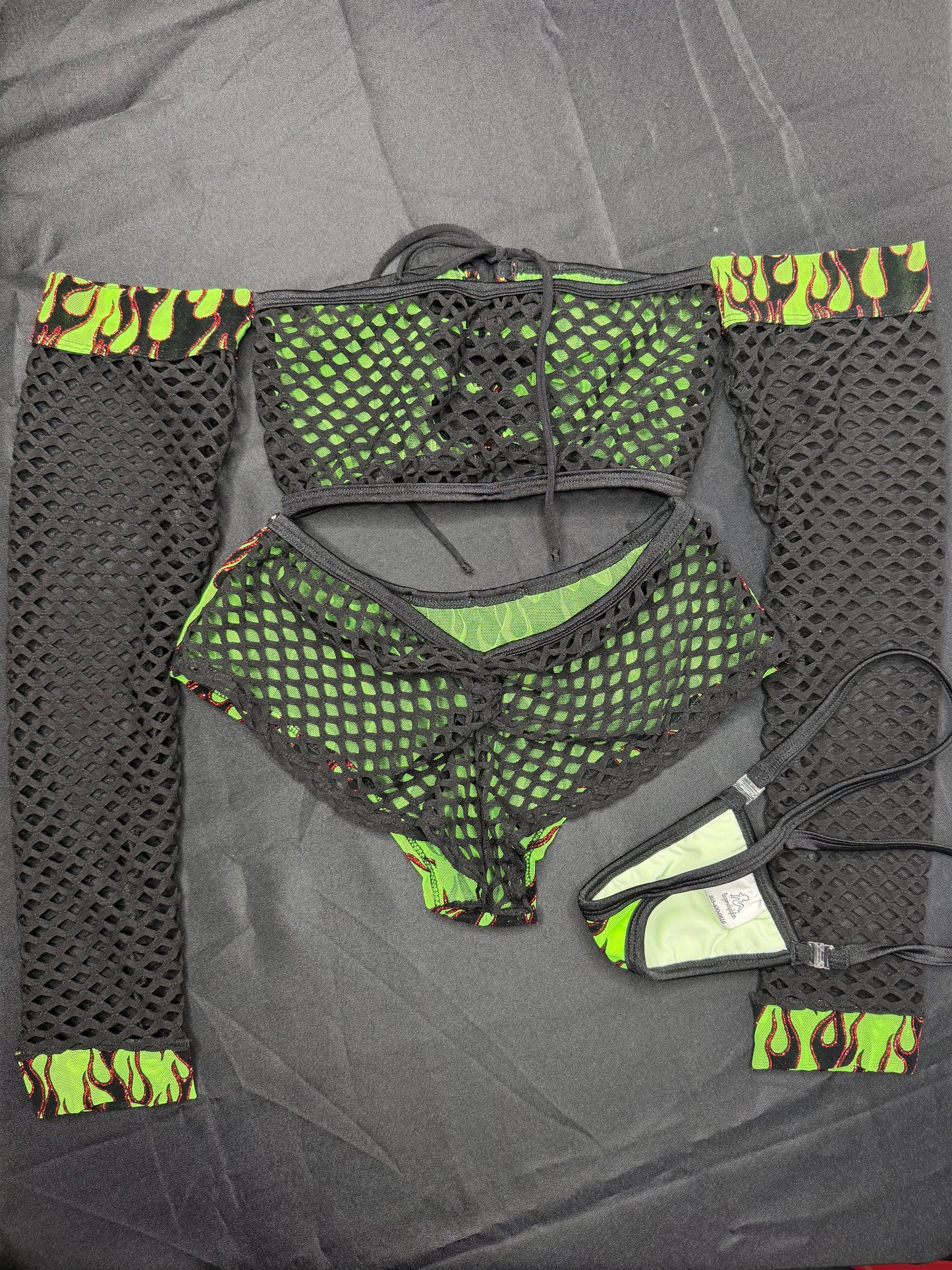 Green Flame Mesh Long Sleeve Tube Top/Shorts Two-Piece Lingerie Outfit