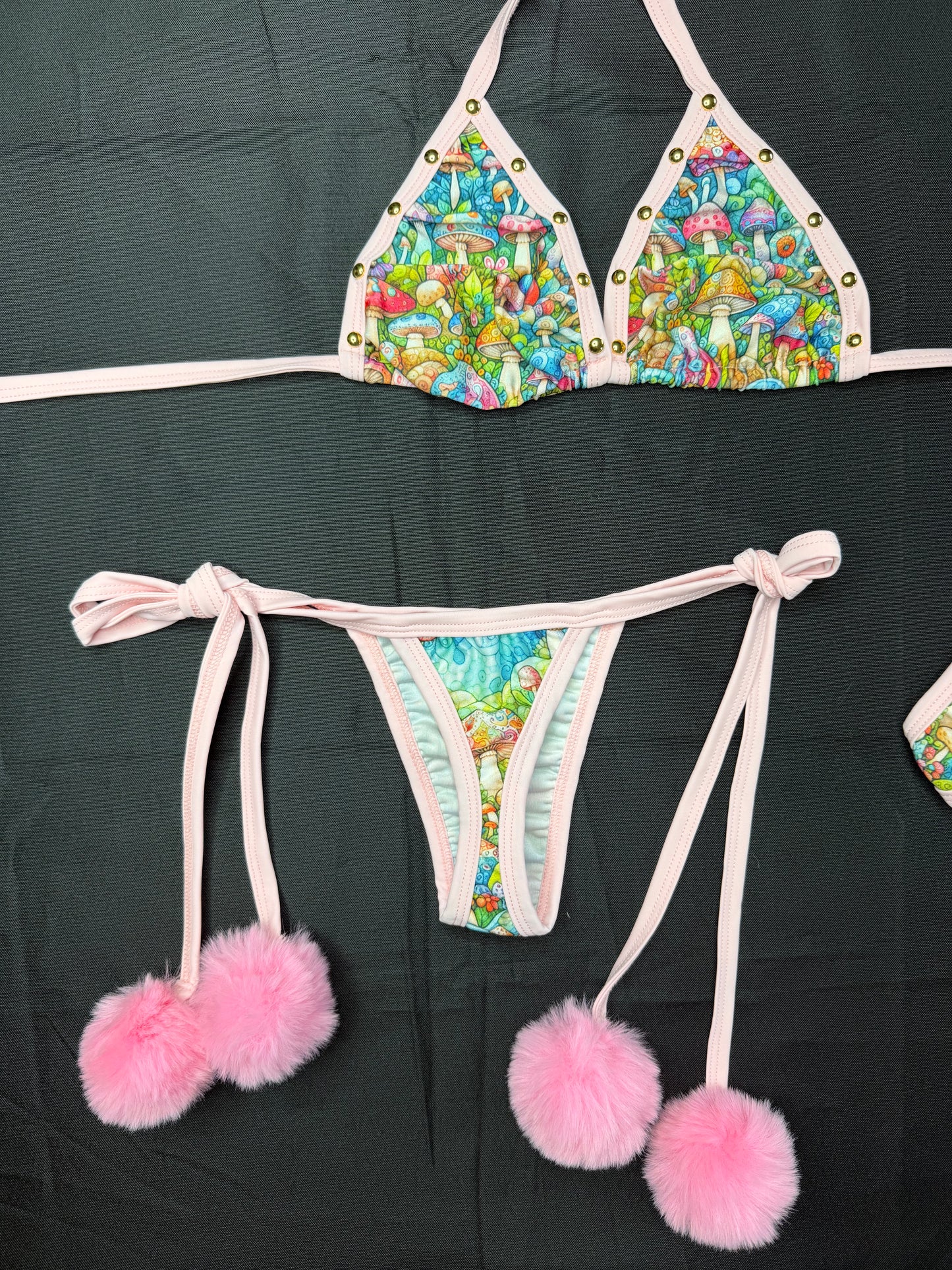 Mushroom Print/Baby Pink Pom Pom Spandex Two-Piece Bikini Lingerie Outfit
