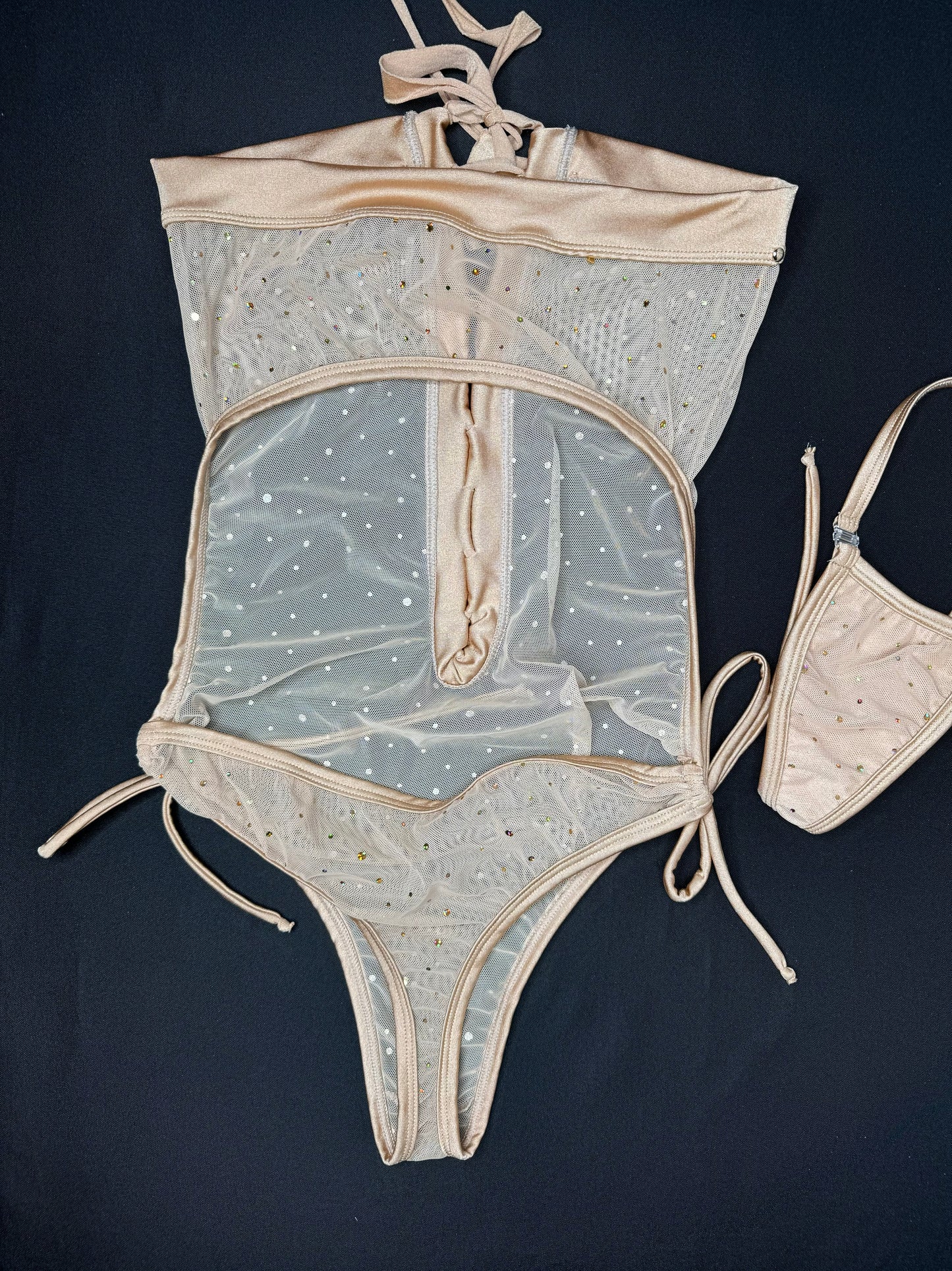 Beige/Nude Sparkle Mesh One-Piece Lingerie Outift