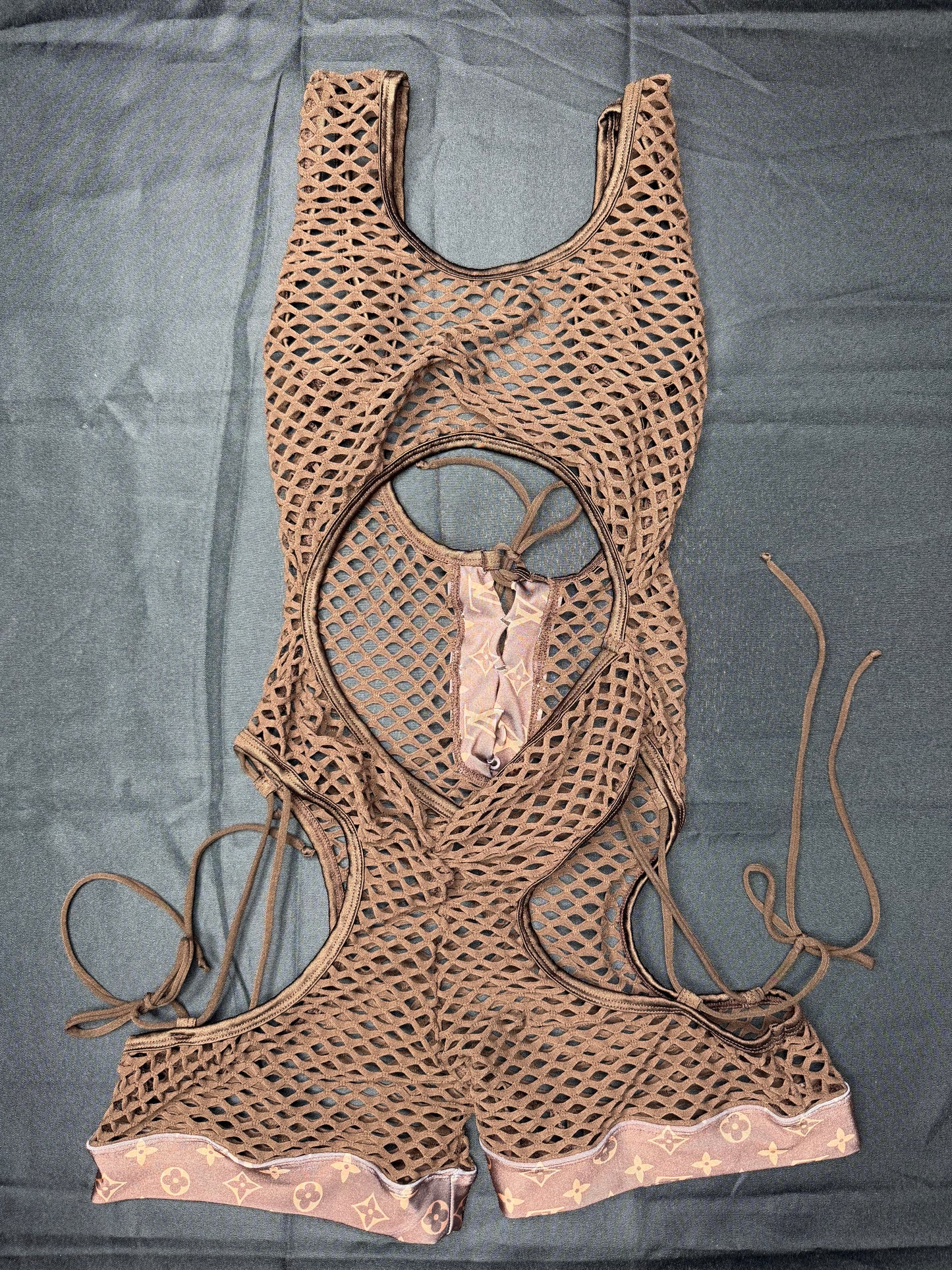 Brown Designer/Brown Fishnet Sleeveless Bikini Top Romper Lingerie Outfit