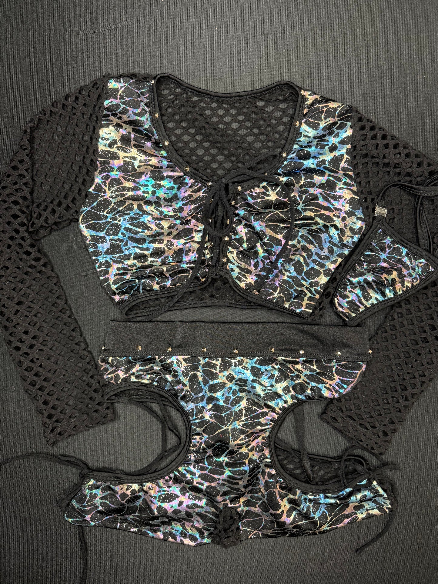 Silver/Black Fishnet Spandex Long Sleeve/Shorts Two-Piece Lingerie Outfit