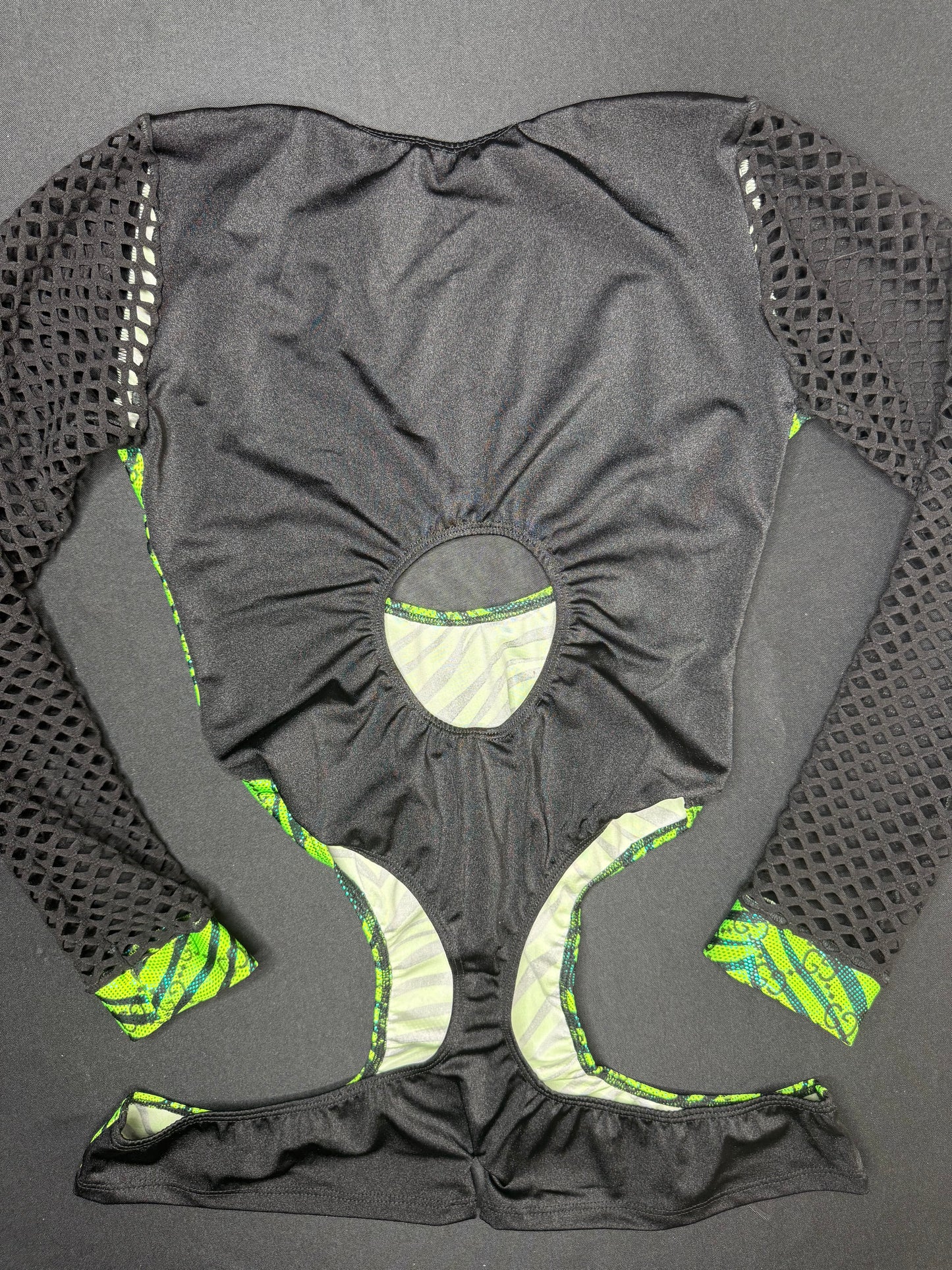 Green Designer Animal Print/Black Fishnet Spandex Romper One-Piece Lingerie Outfit